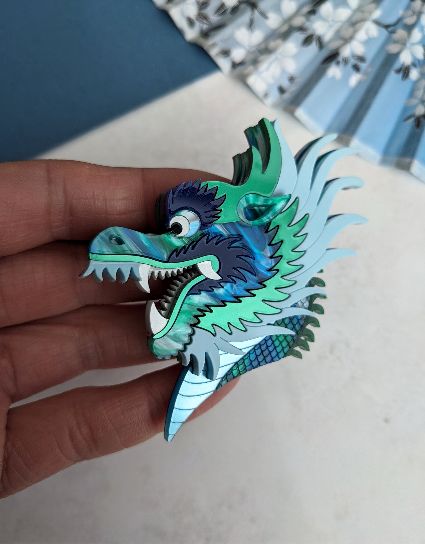PRE ORDER Chinese Dragon Head Brooch BLUE/GREEN
