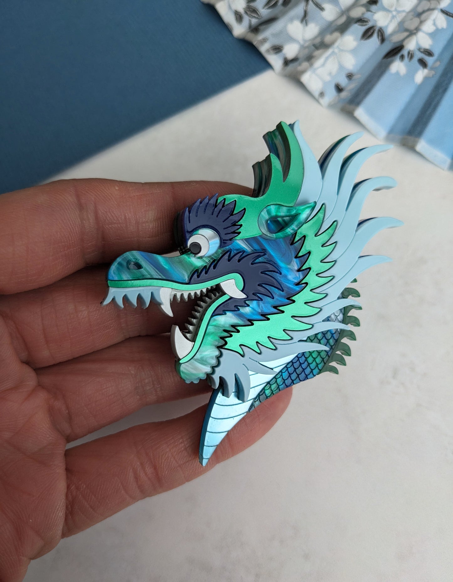 PRE ORDER Chinese Dragon Head Brooch BLUE/GREEN