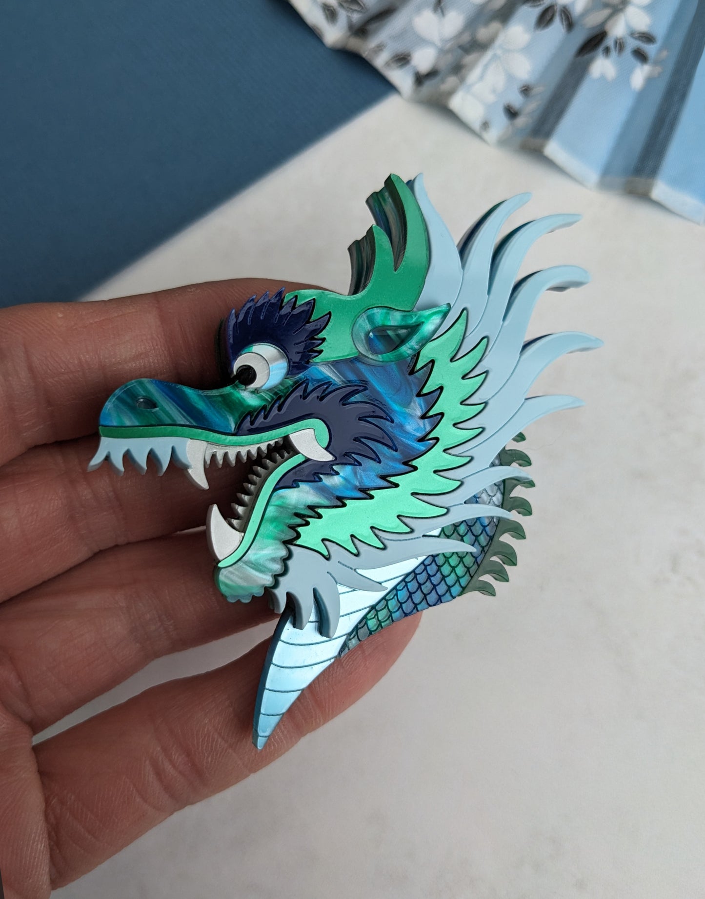 PRE ORDER Chinese Dragon Head Brooch BLUE/GREEN