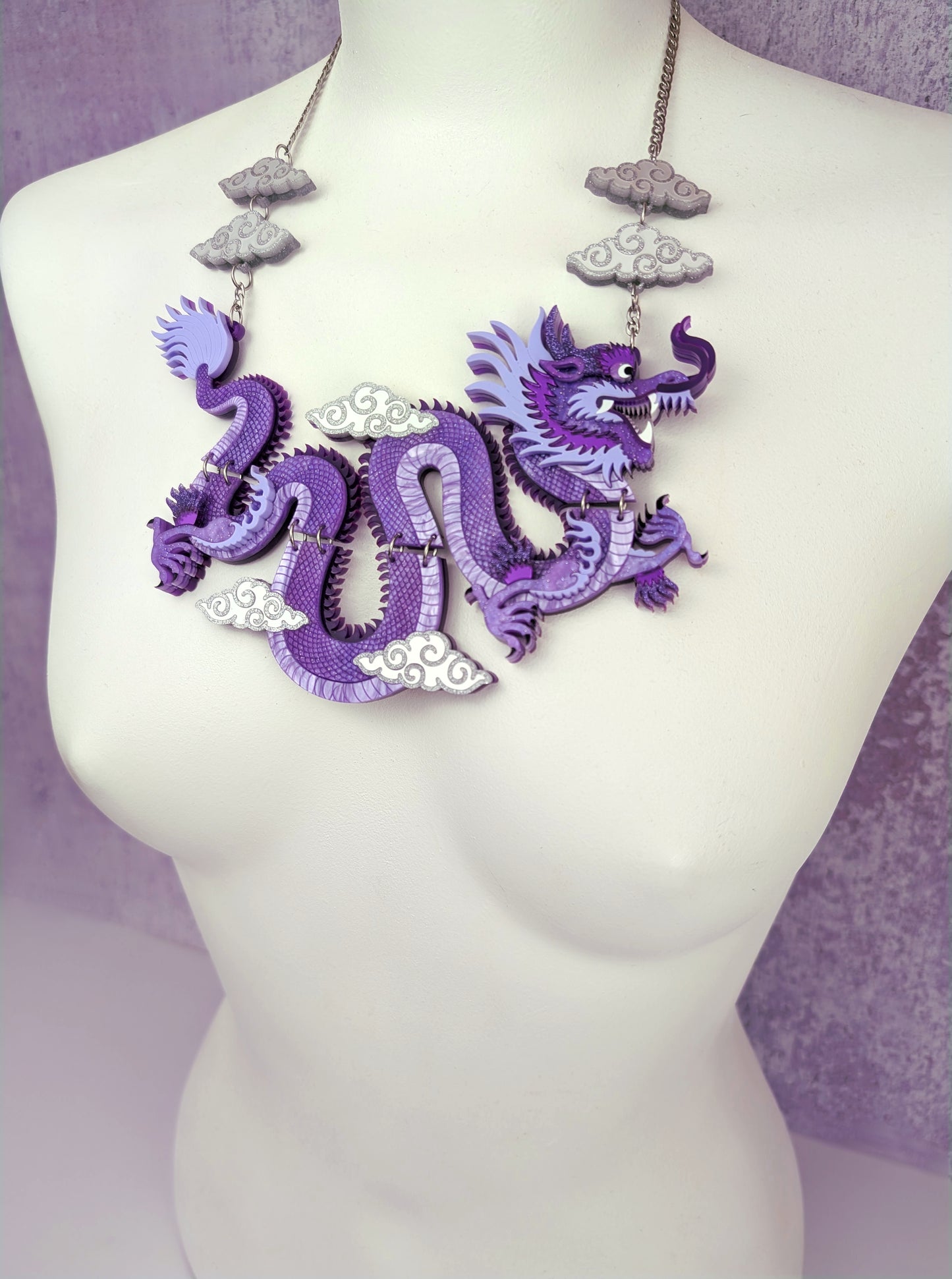PRE ORDER Statement Chinese Dragon Necklace With Clouds PURPLE