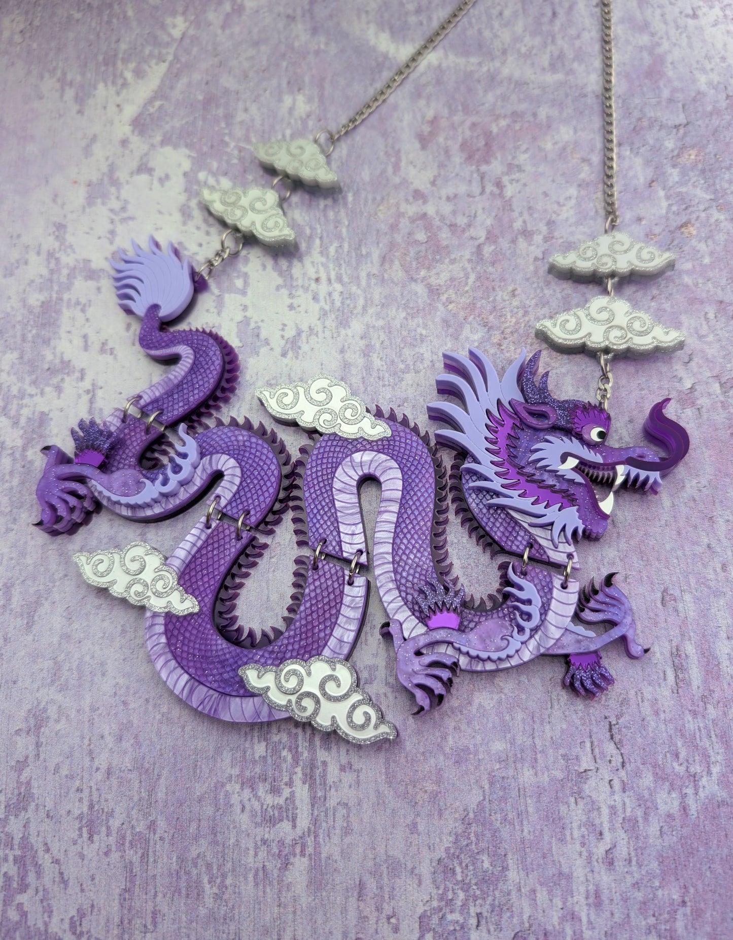 PRE ORDER Statement Chinese Dragon Necklace With Clouds PURPLE