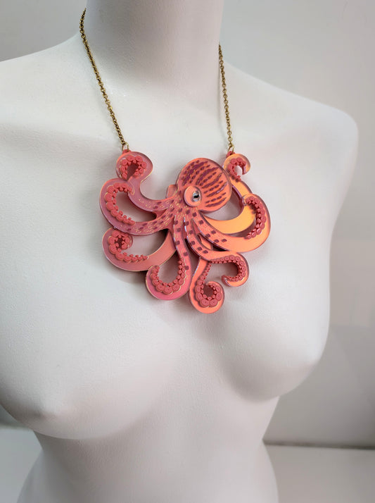 PRE ORDER Octopus (side on) Necklace, 2 Sizes Iridescent CORAL