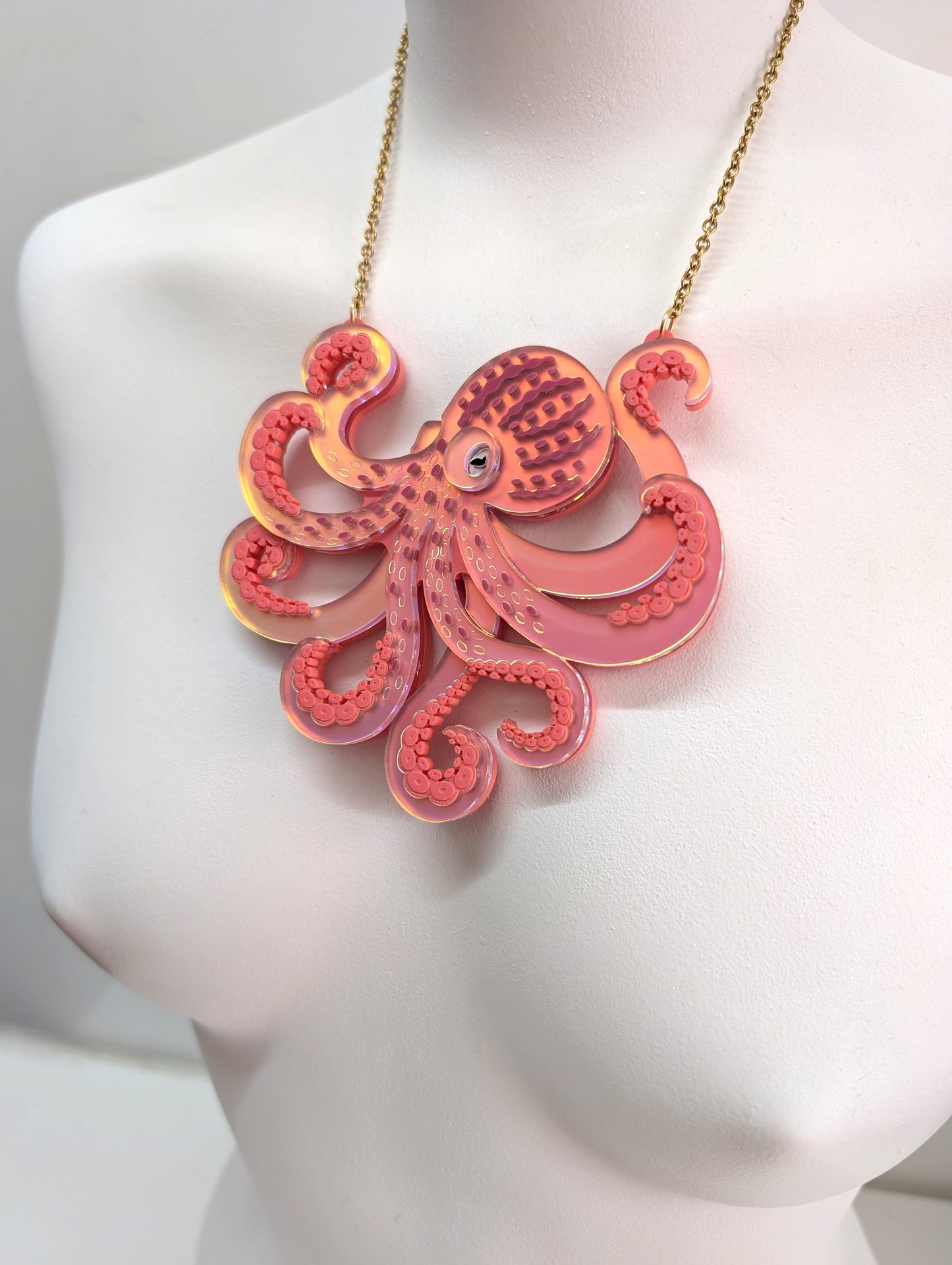 PRE ORDER Octopus (side on) Necklace, 2 Sizes Iridescent CORAL