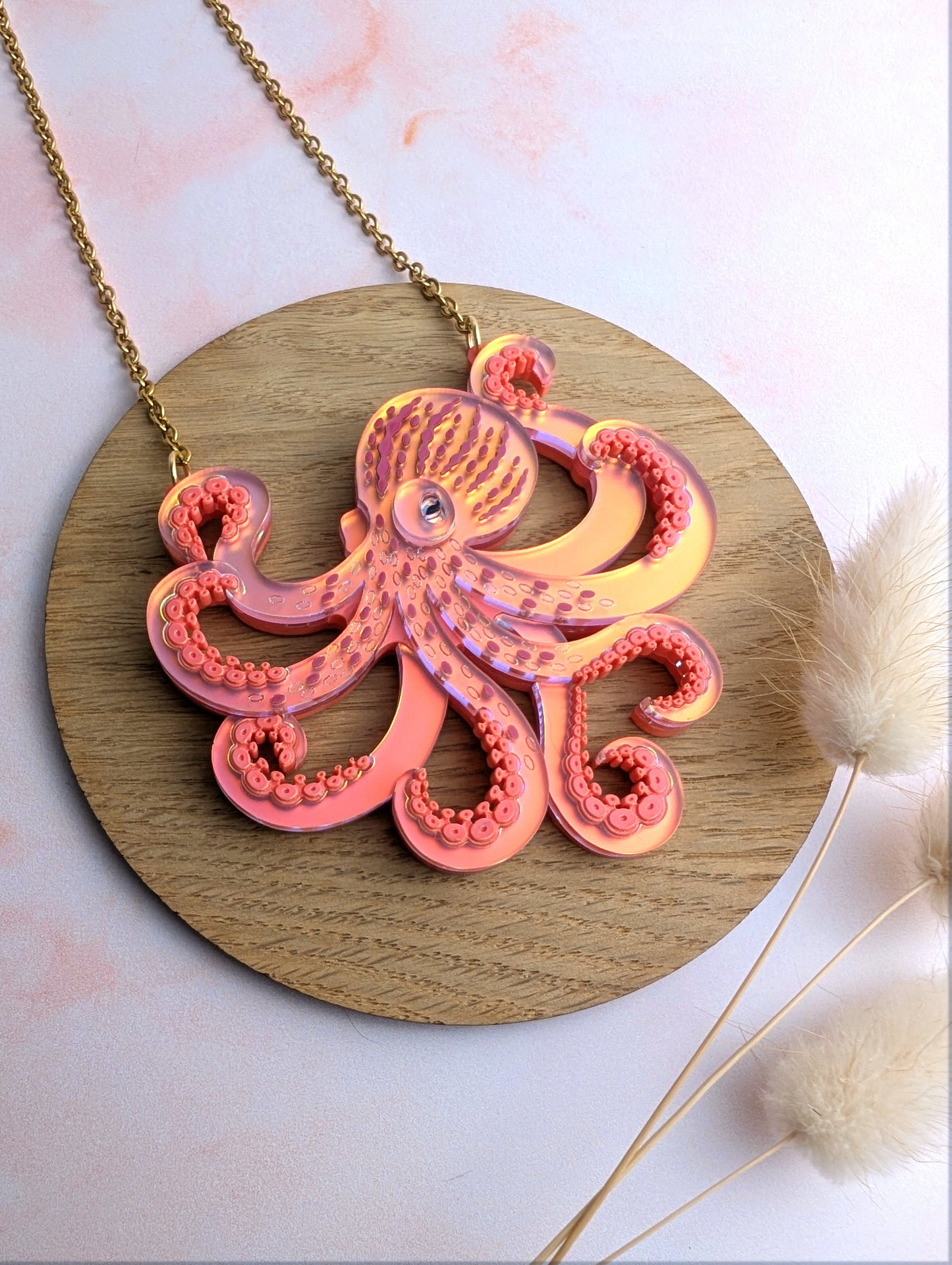 PRE ORDER Octopus (side on) Necklace, 2 Sizes Iridescent CORAL