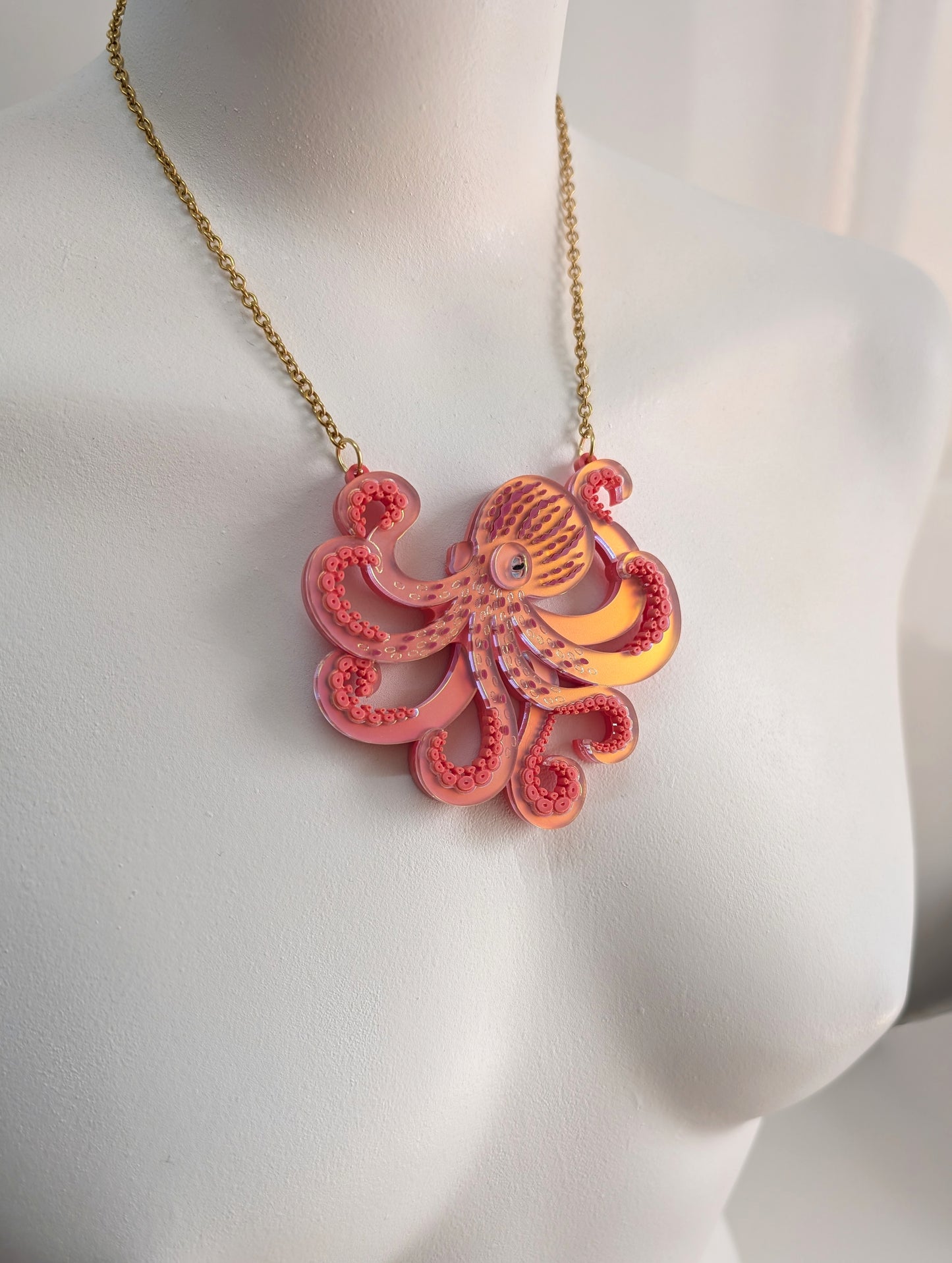 PRE ORDER Octopus (side on) Necklace, 2 Sizes Iridescent CORAL