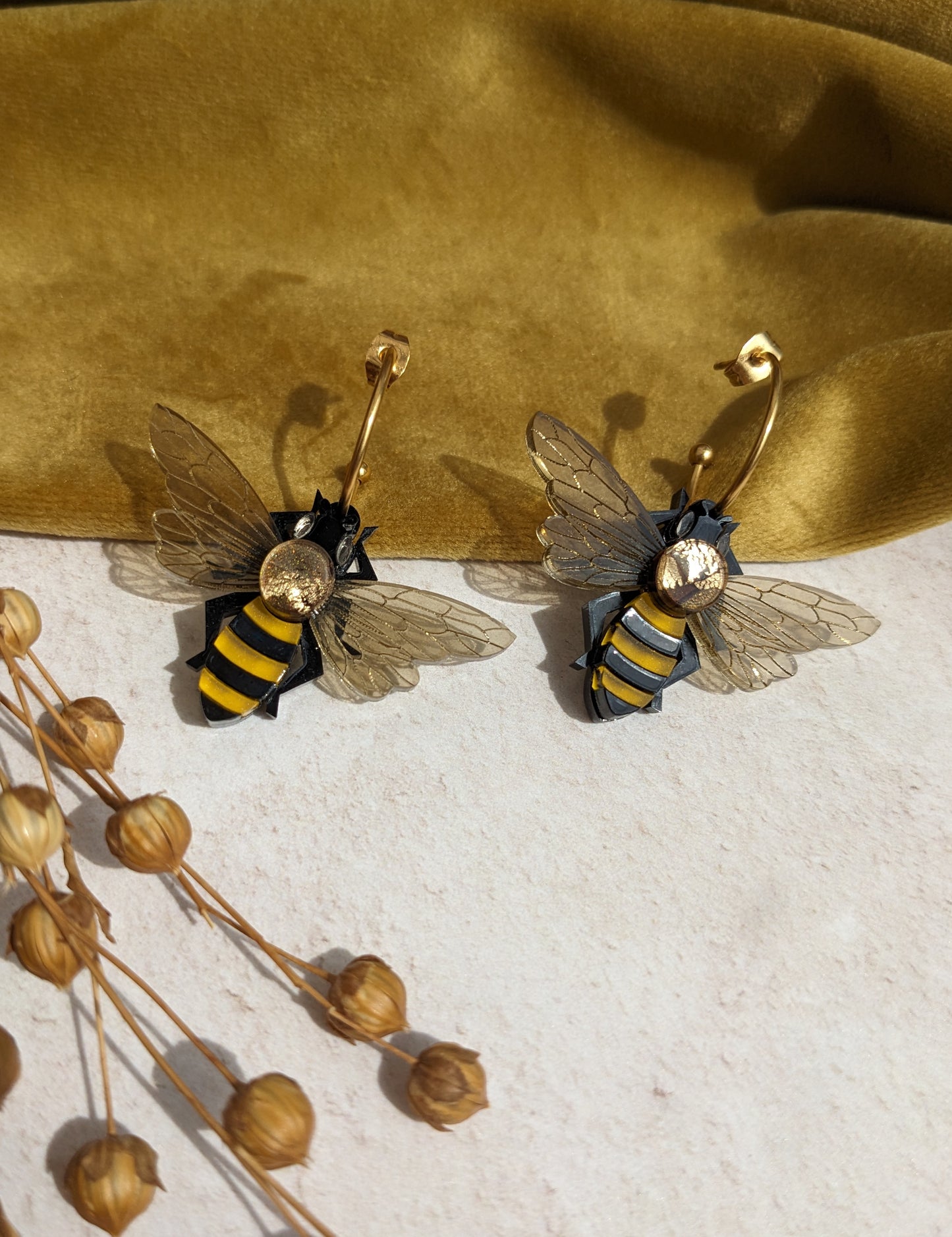 PRE ORDER Honey Bee Hoop Earrings (new hoops, see photo. Featuring in house recycled acrylic)