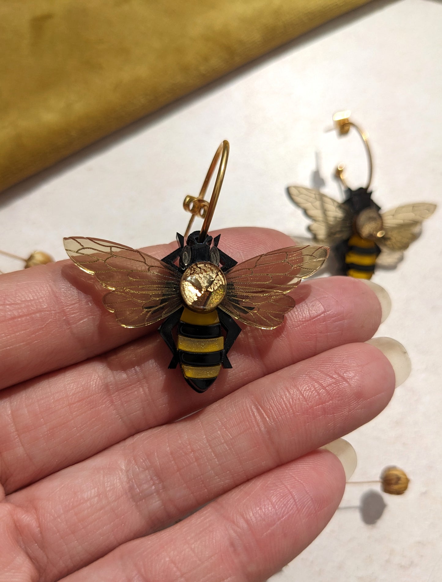 PRE ORDER Honey Bee Hoop Earrings (new hoops, see photo. Featuring in house recycled acrylic)