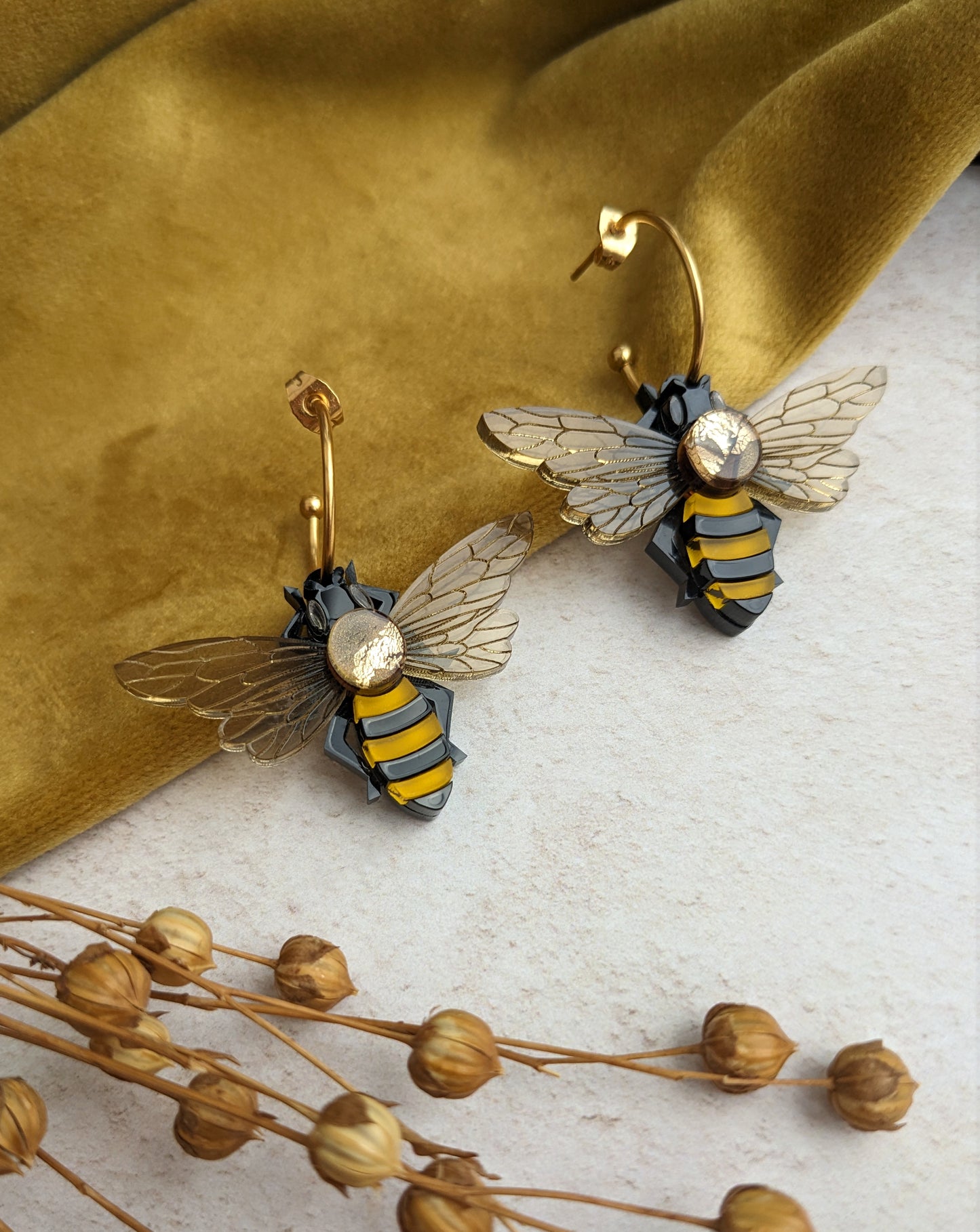 PRE ORDER Honey Bee Hoop Earrings (new hoops, see photo. Featuring in house recycled acrylic)