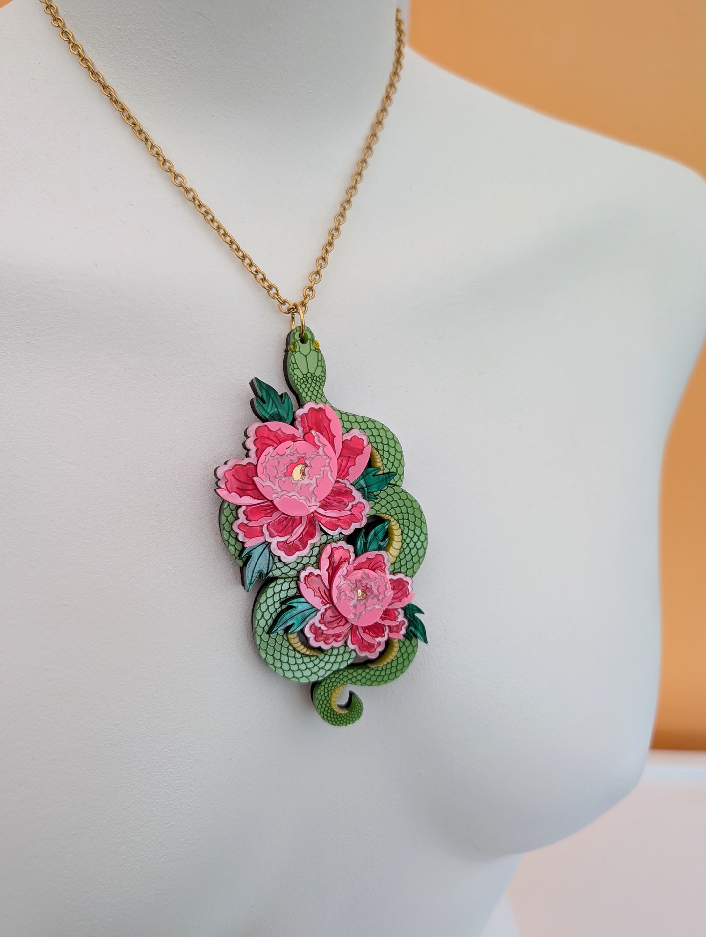 PRE ORDER Snake & Floral Statement Pendant or Necklace (on it's side) GREEN