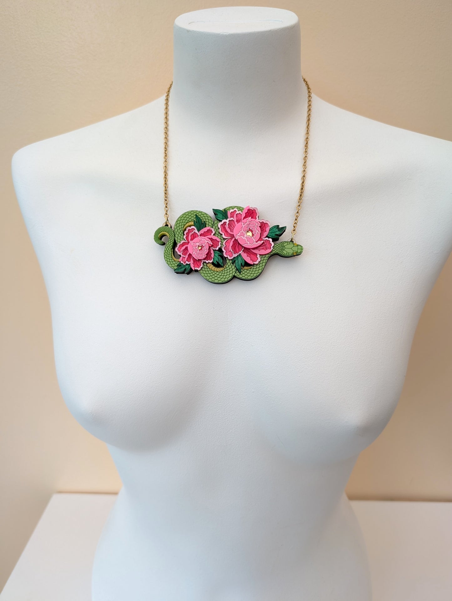 PRE ORDER Snake & Floral Statement Pendant or Necklace (on it's side) GREEN