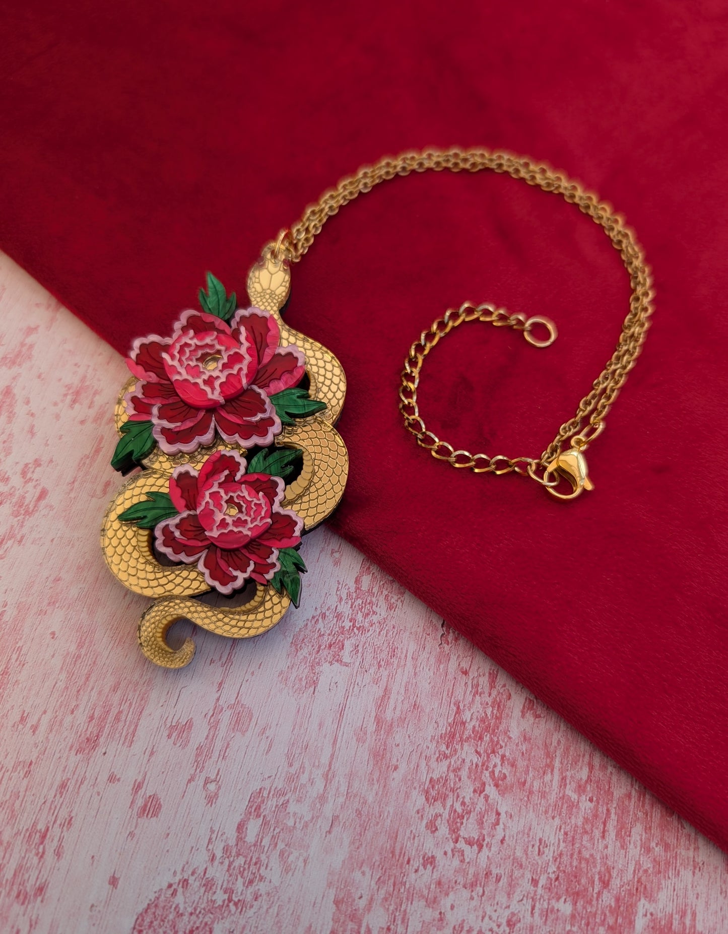 PRE ORDER Snake & Floral Statement Pendant or Necklace on it's side GOLD