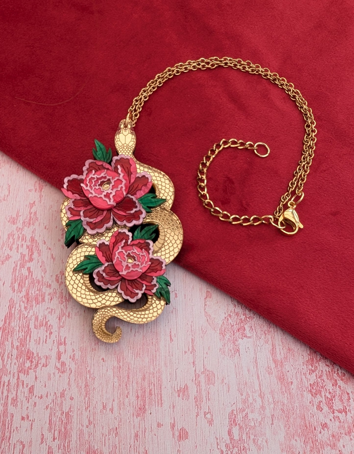 PRE ORDER Snake & Floral Statement Pendant or Necklace on it's side GOLD