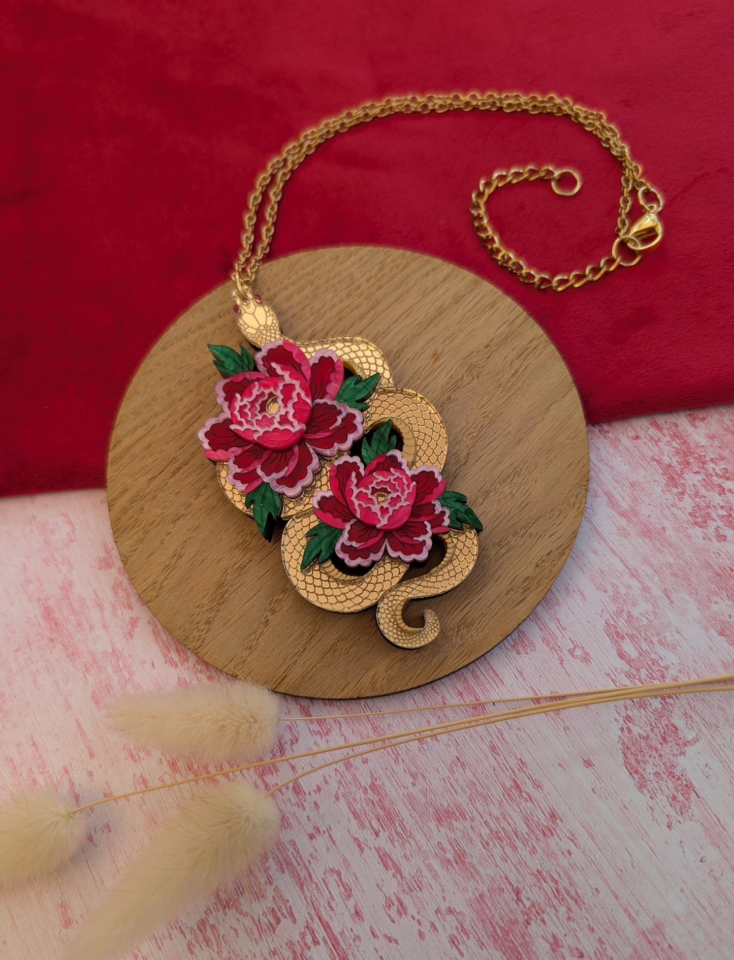 PRE ORDER Snake & Floral Statement Pendant or Necklace on it's side GOLD