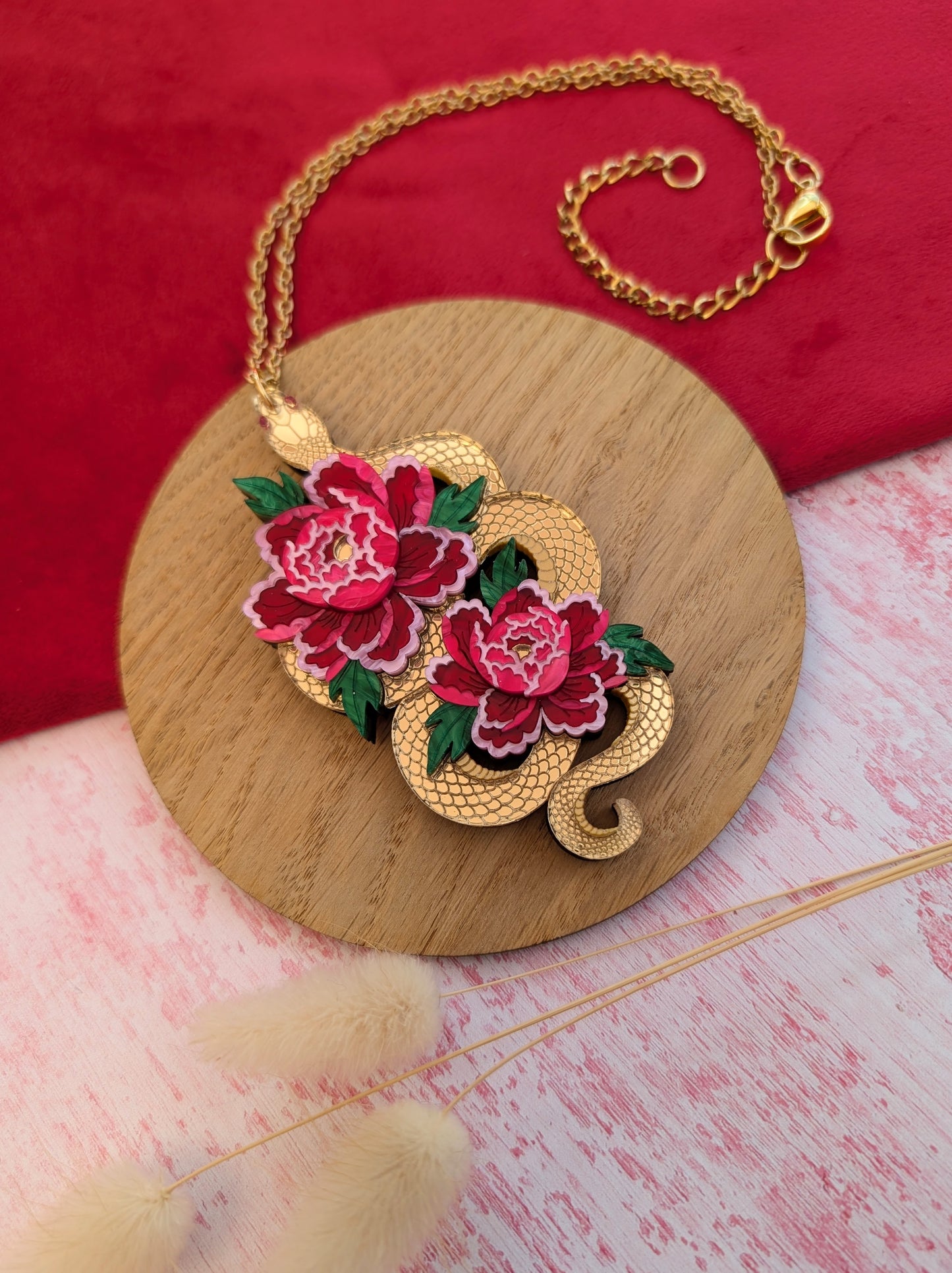 PRE ORDER Snake & Floral Statement Pendant or Necklace on it's side GOLD