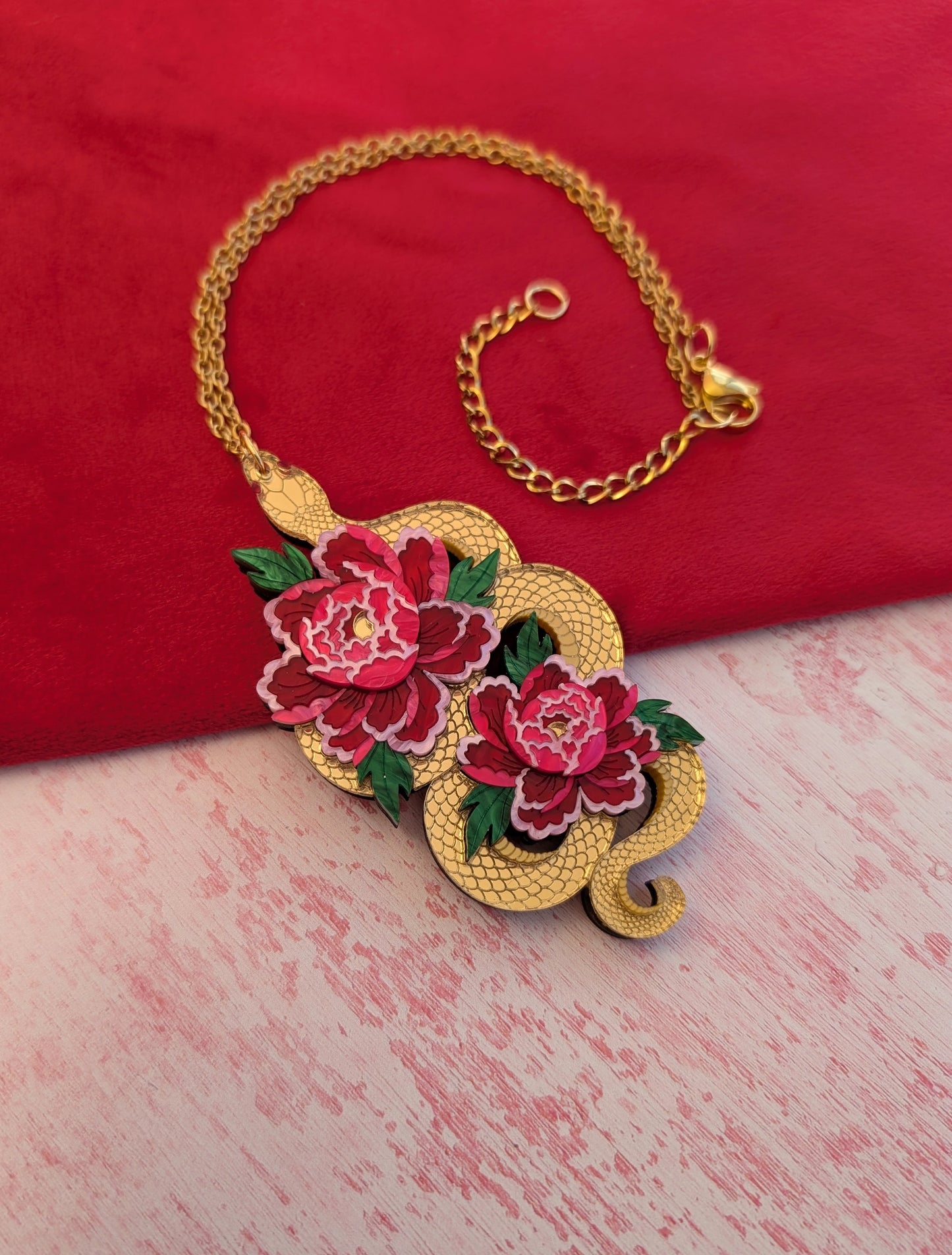 PRE ORDER Snake & Floral Statement Pendant or Necklace on it's side GOLD