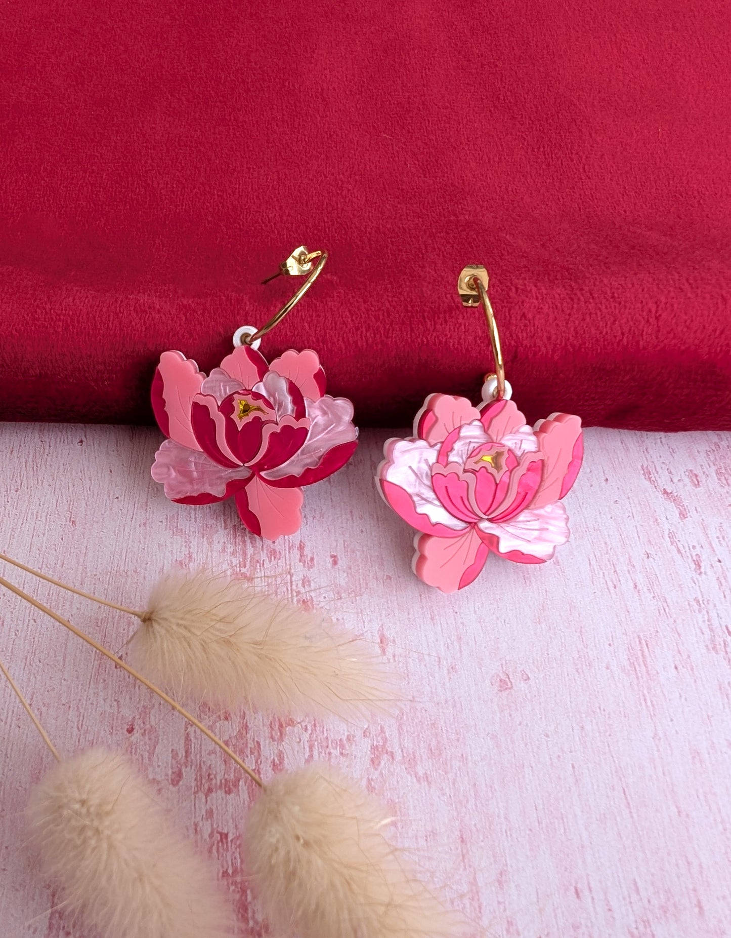 PRE ORDER Peony Dangle, Hoop or Stud Earrings - Bright Pink