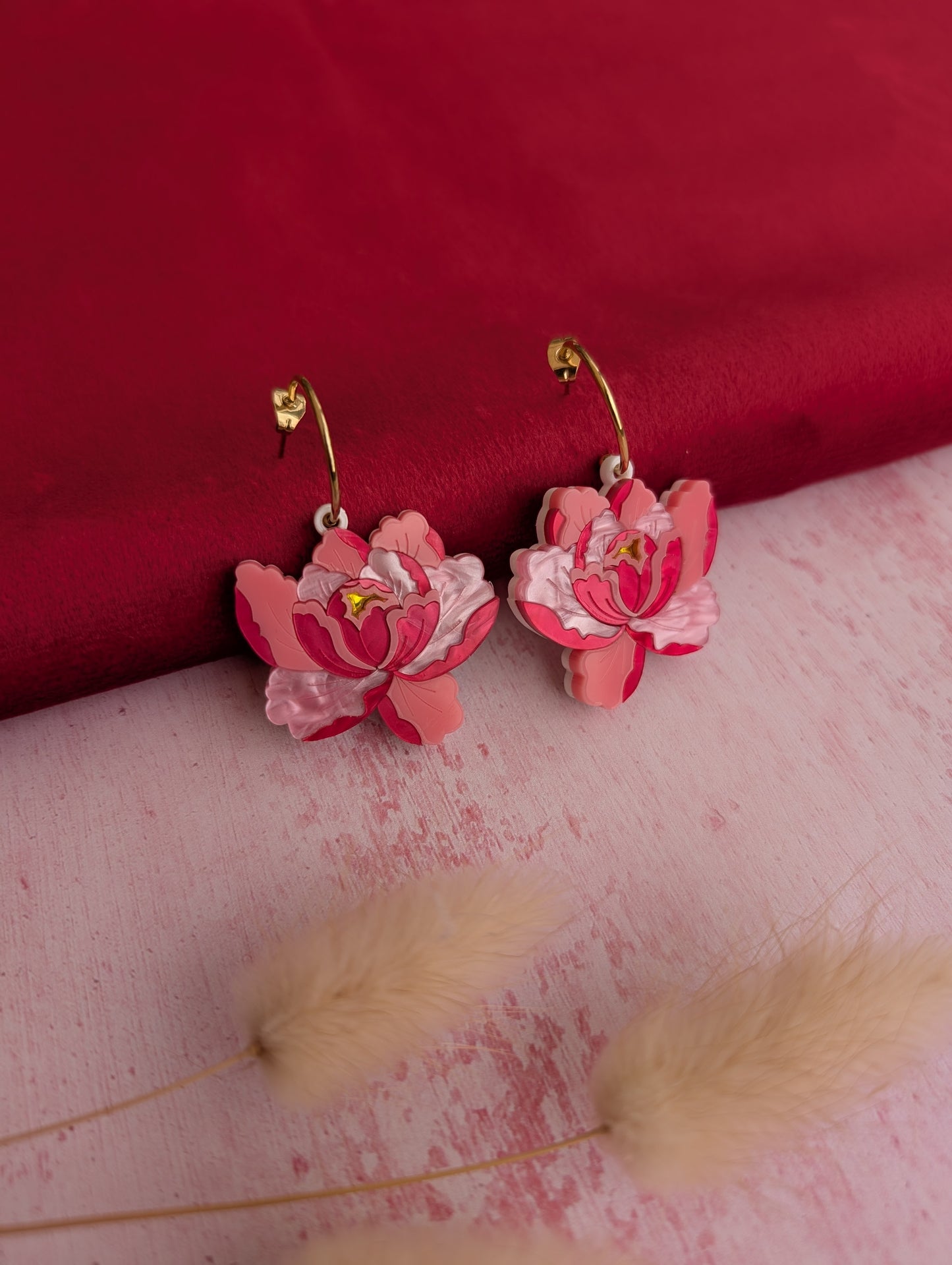 PRE ORDER Peony Dangle, Hoop or Stud Earrings - Bright Pink