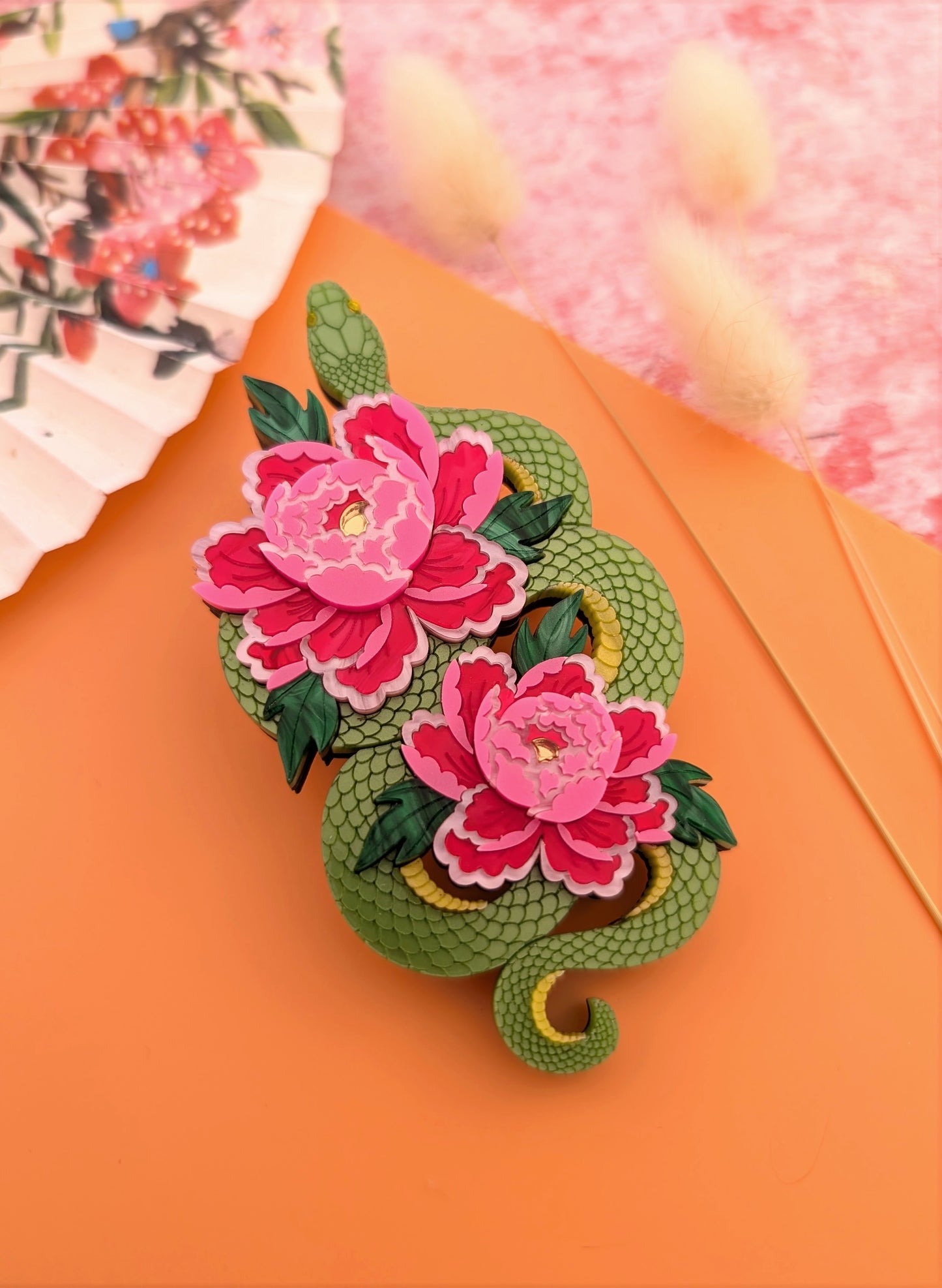 PRE ORDER Snake & Floral Statement Brooch GREEN