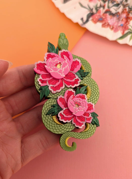 PRE ORDER Snake & Floral Statement Brooch GREEN
