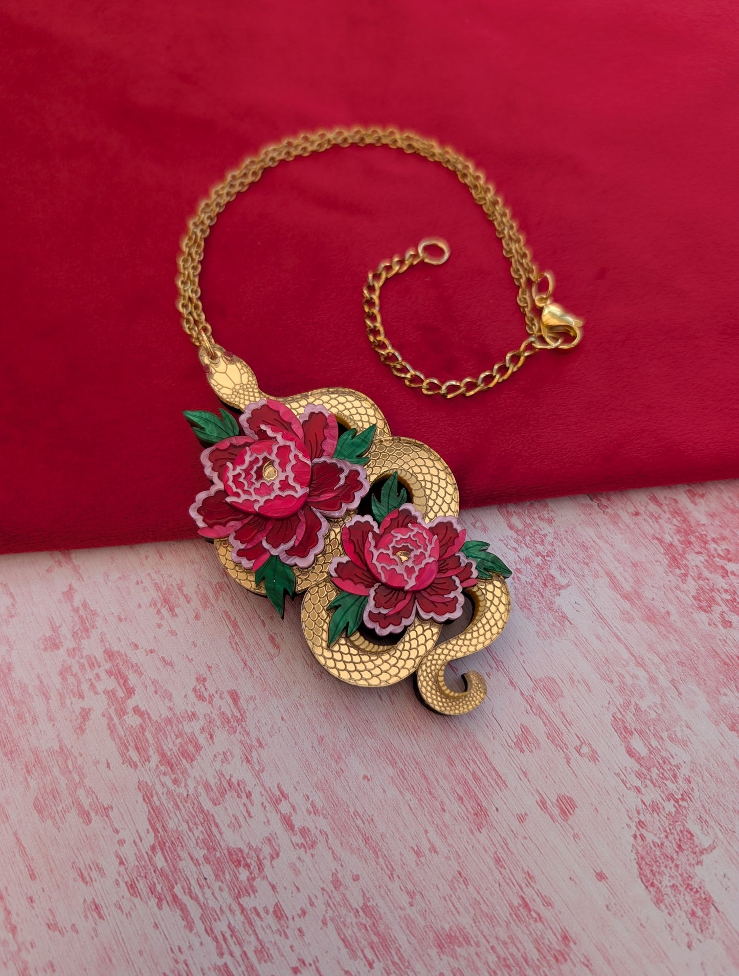 PRE ORDER Snake & Floral Statement Pendant or Necklace on it's side GOLD