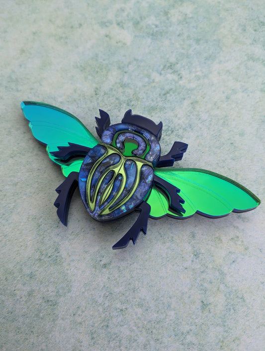Scarab Beetle Brooch Blue/Green, Part magnetic fastening (featuring in house recycled acrylic)- just a second left