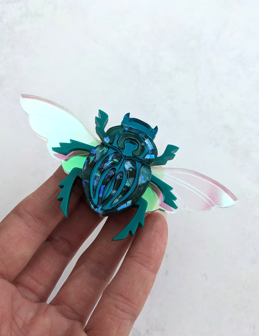 Scarab Beetle Brooch Jade/teal, Part magnetic fastening (featuring in house recycled acrylic) - Last 1!