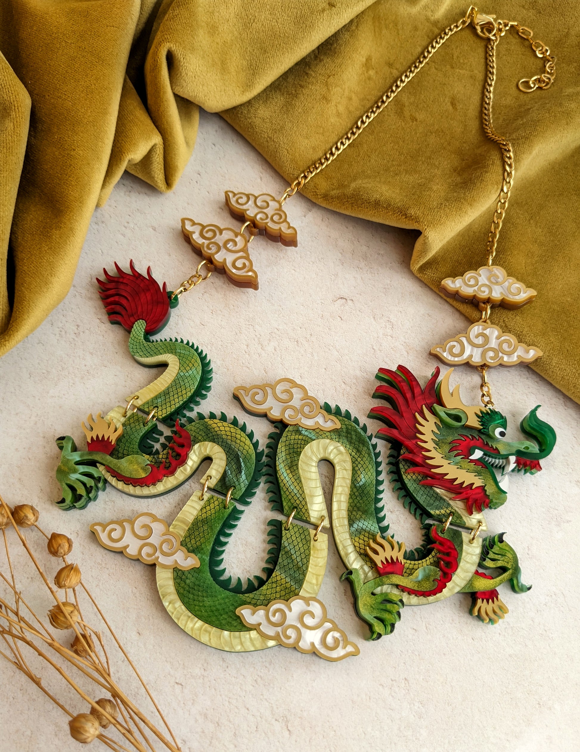 Handmade laser cut articulated acrylic chinese dragon statement necklace 