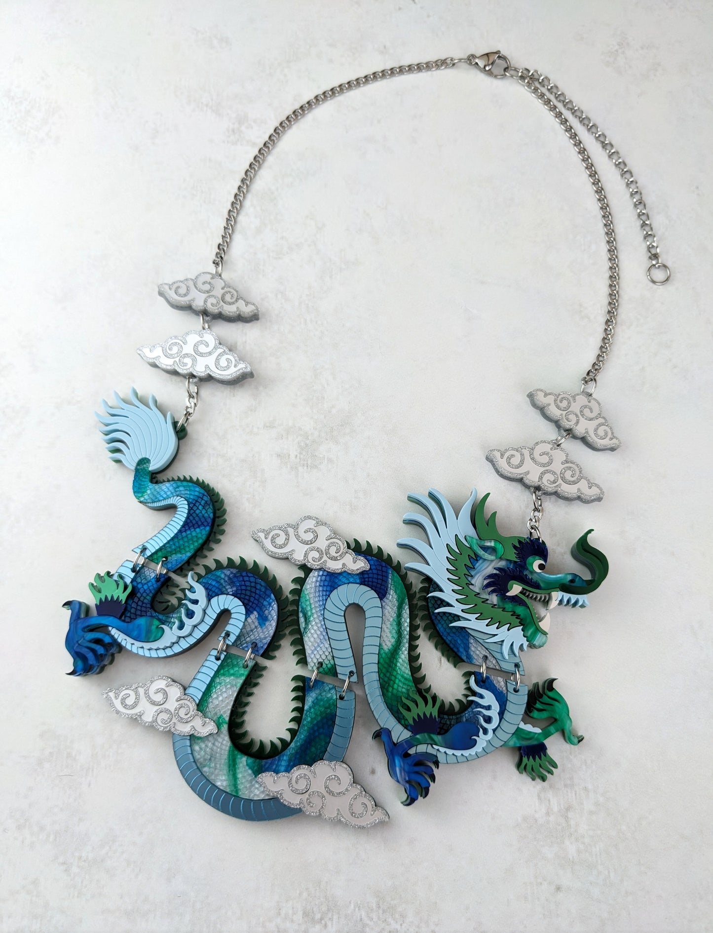 Handmade laser cut articulated blue green acrylic chinese dragon statement necklace 