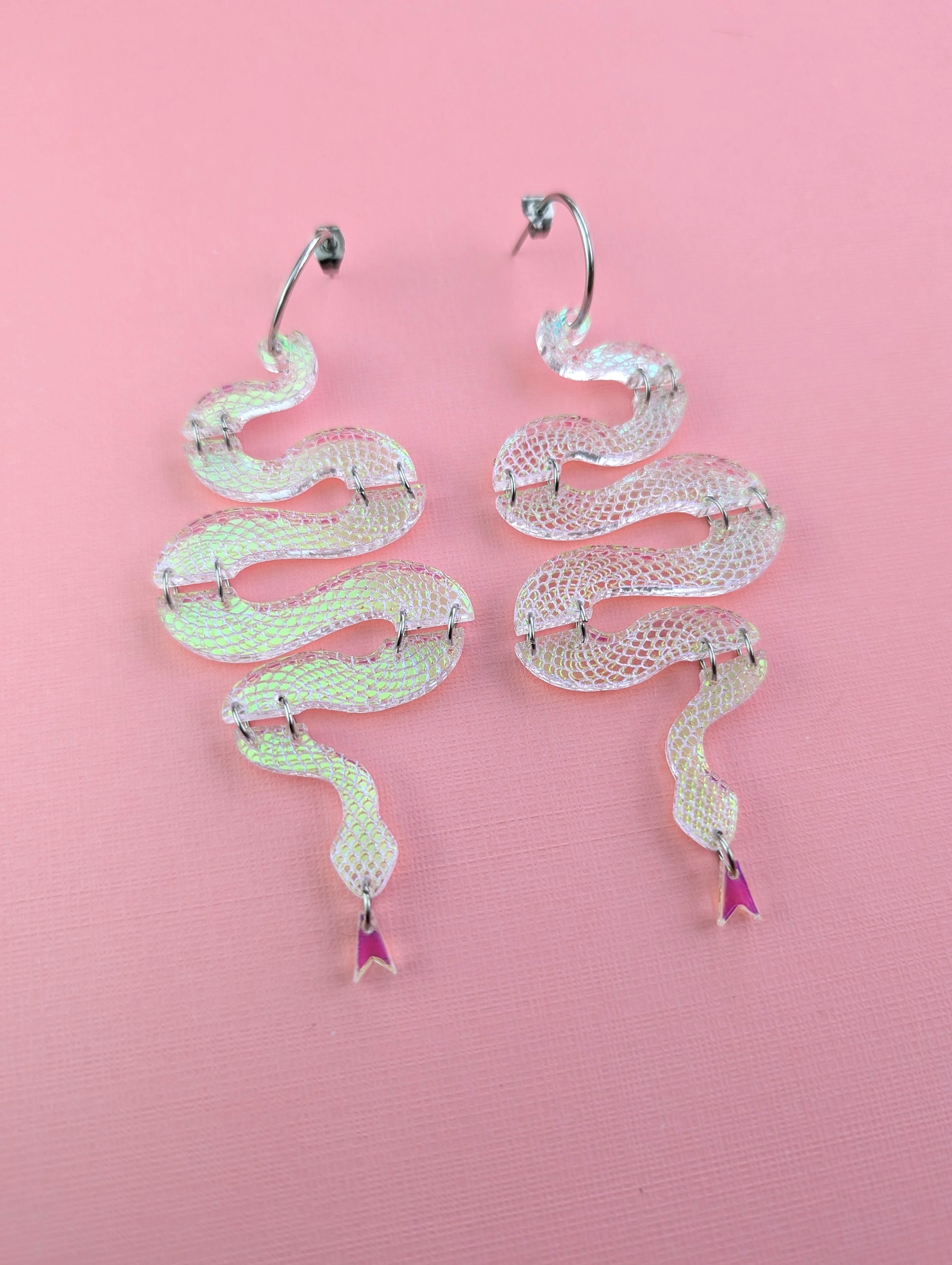 Acrylic iridescent dangle snake earrings 