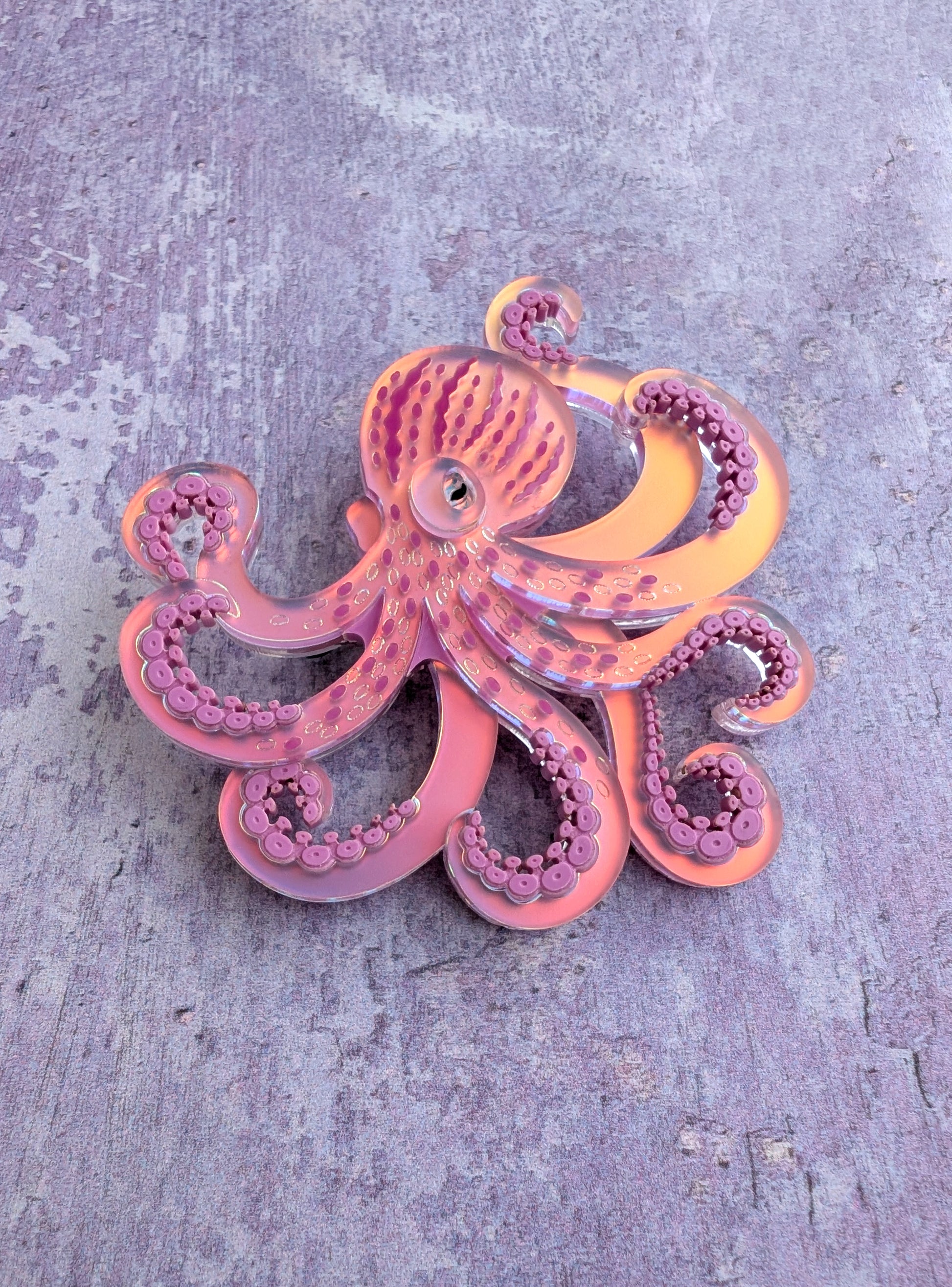 Handmade laser cut acrylic iridescent octopus brooch 