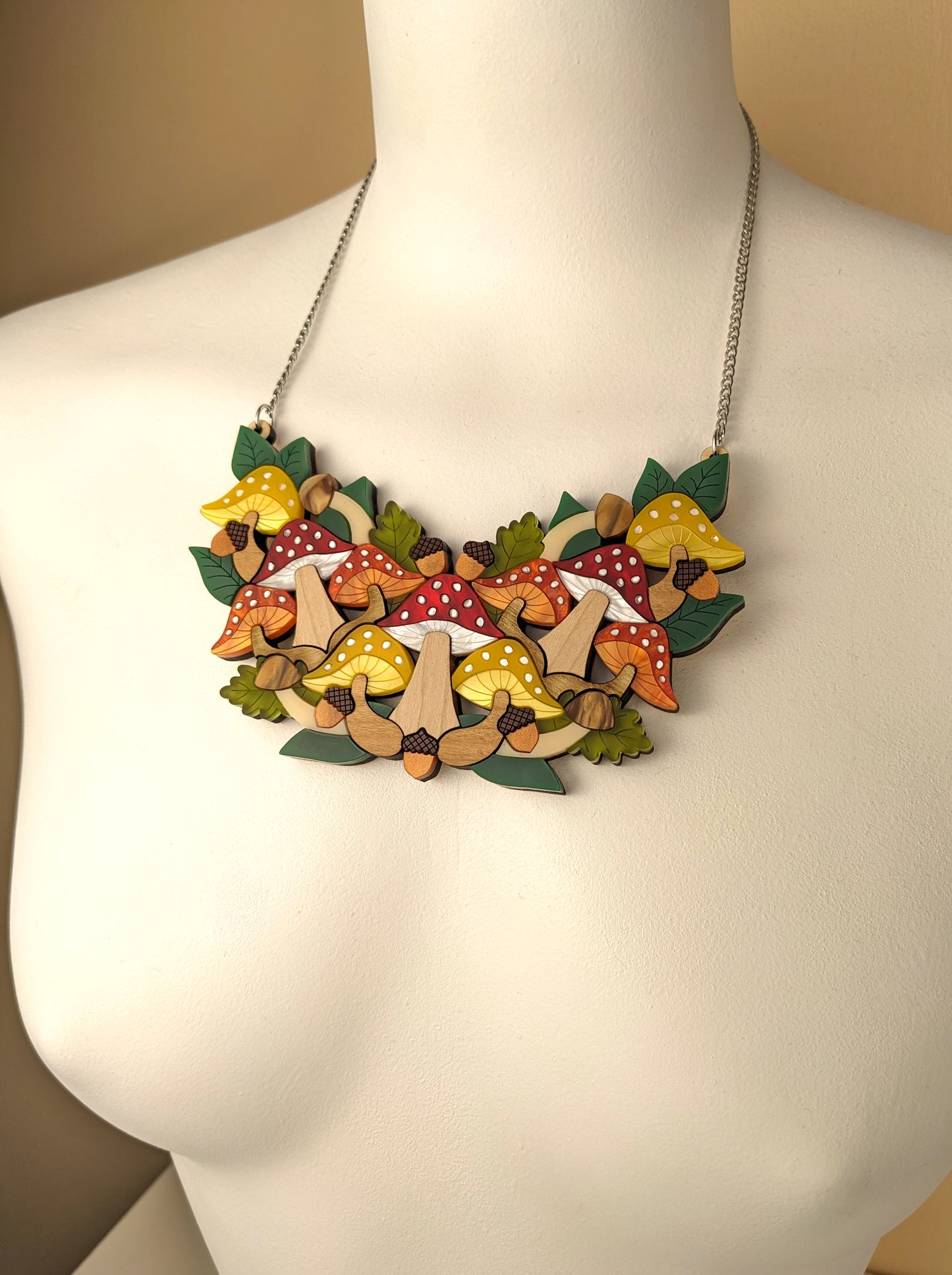 Laser cut handmade acrylic and wood mushroom toadstool necklace 