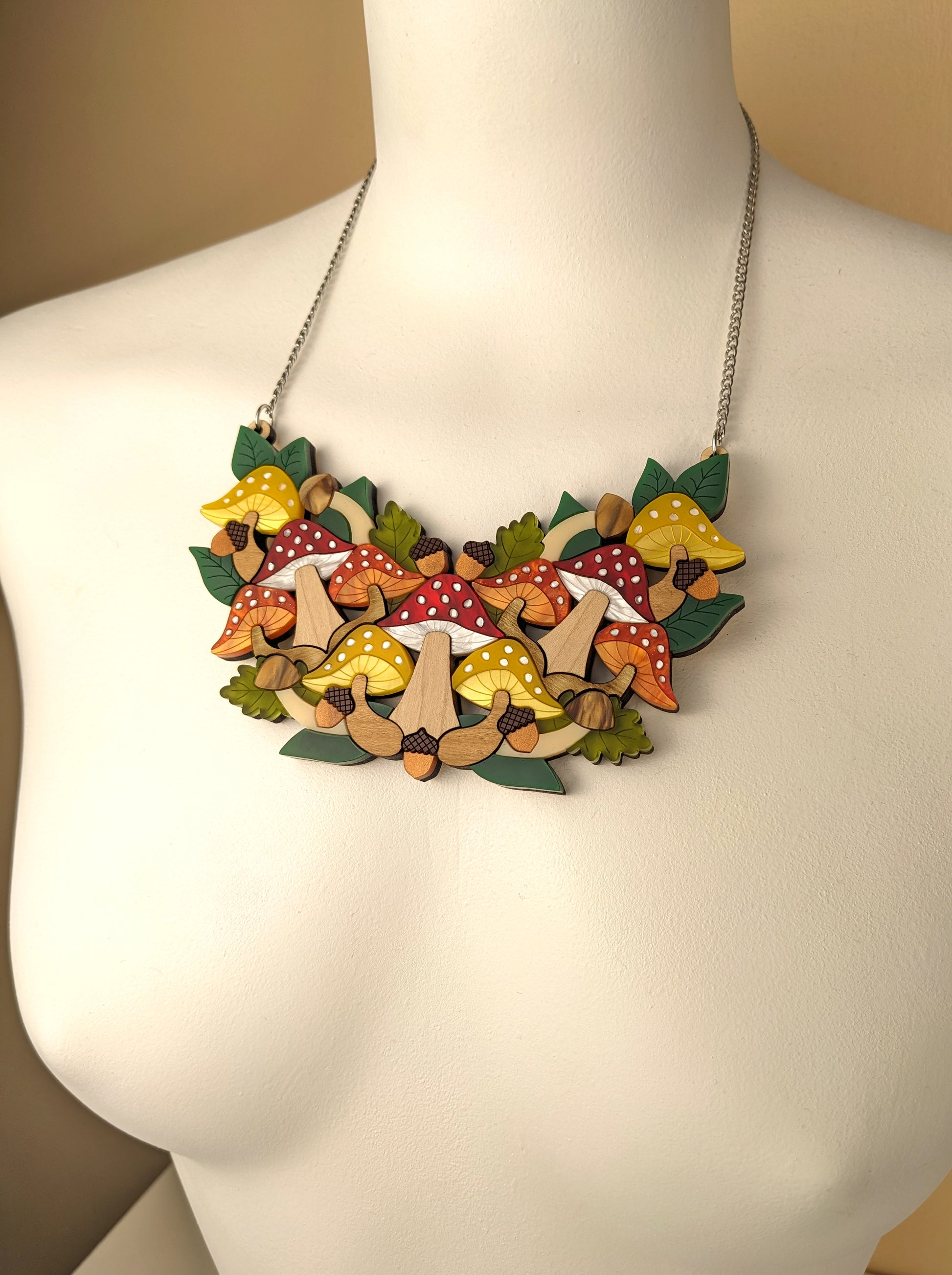 Laser cut handmade acrylic and wood mushroom toadstool necklace 