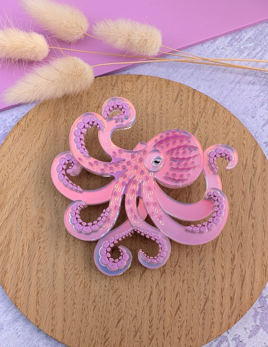 Iridescent laser cut acrylic octopus brooch lilac