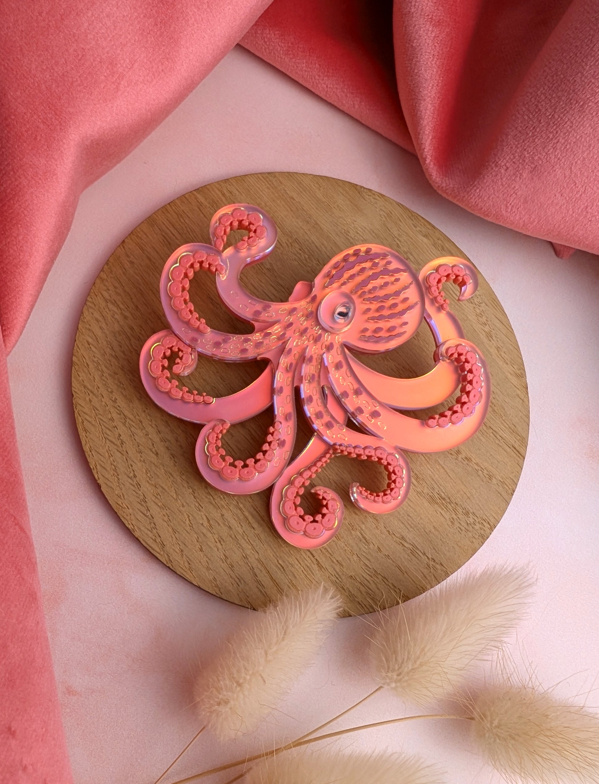 Handmade laser cut acrylic iridescent coral octopus brooch by rock the panda