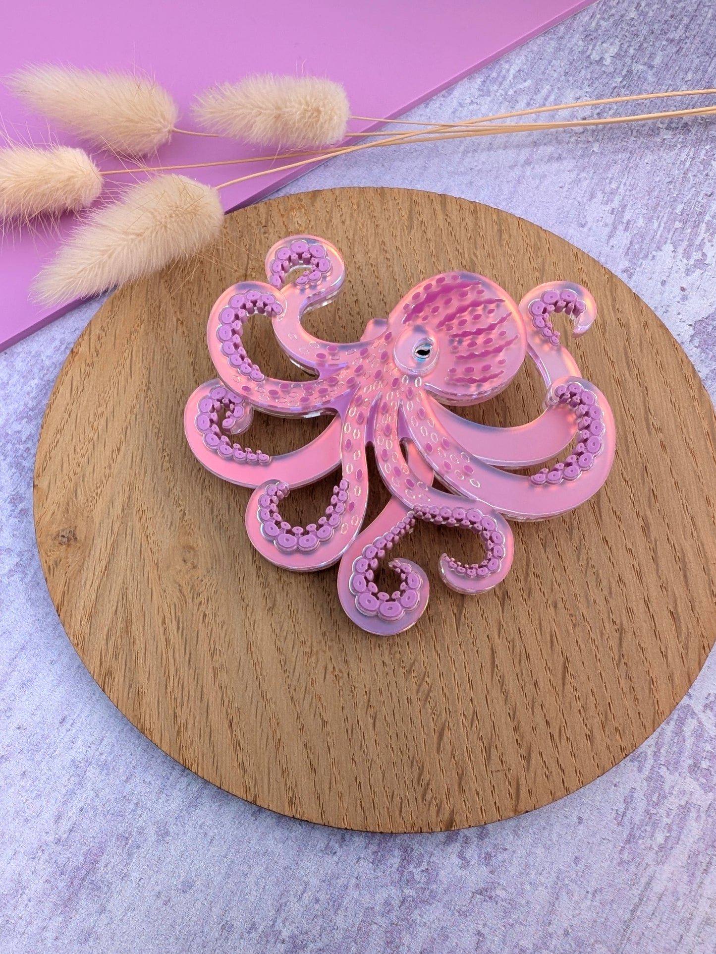 Handmade laser cut acrylic iridescent octopus brooch. Colour shifting