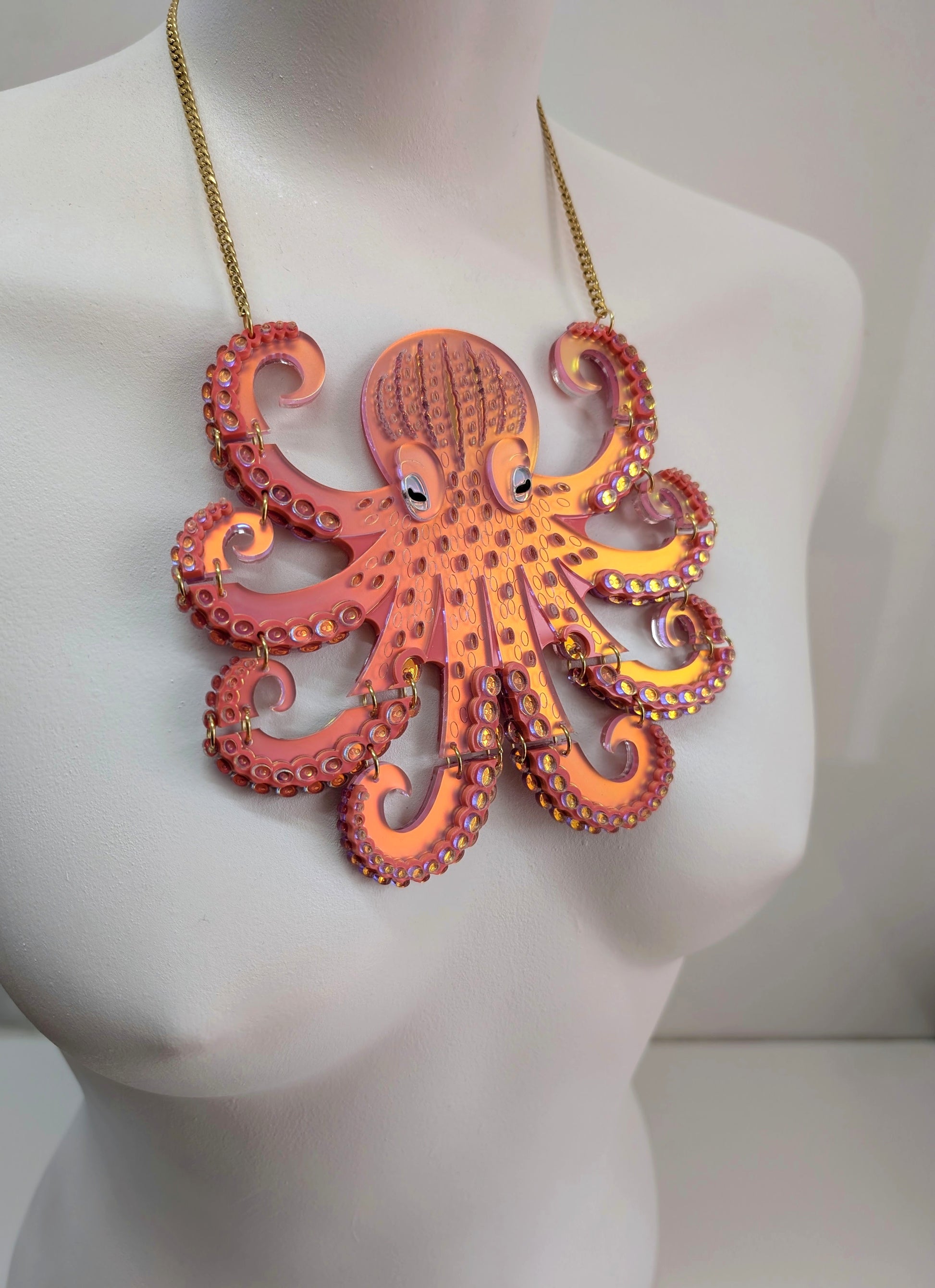 Laser cut acrylic iridescent coral octopus necklace 