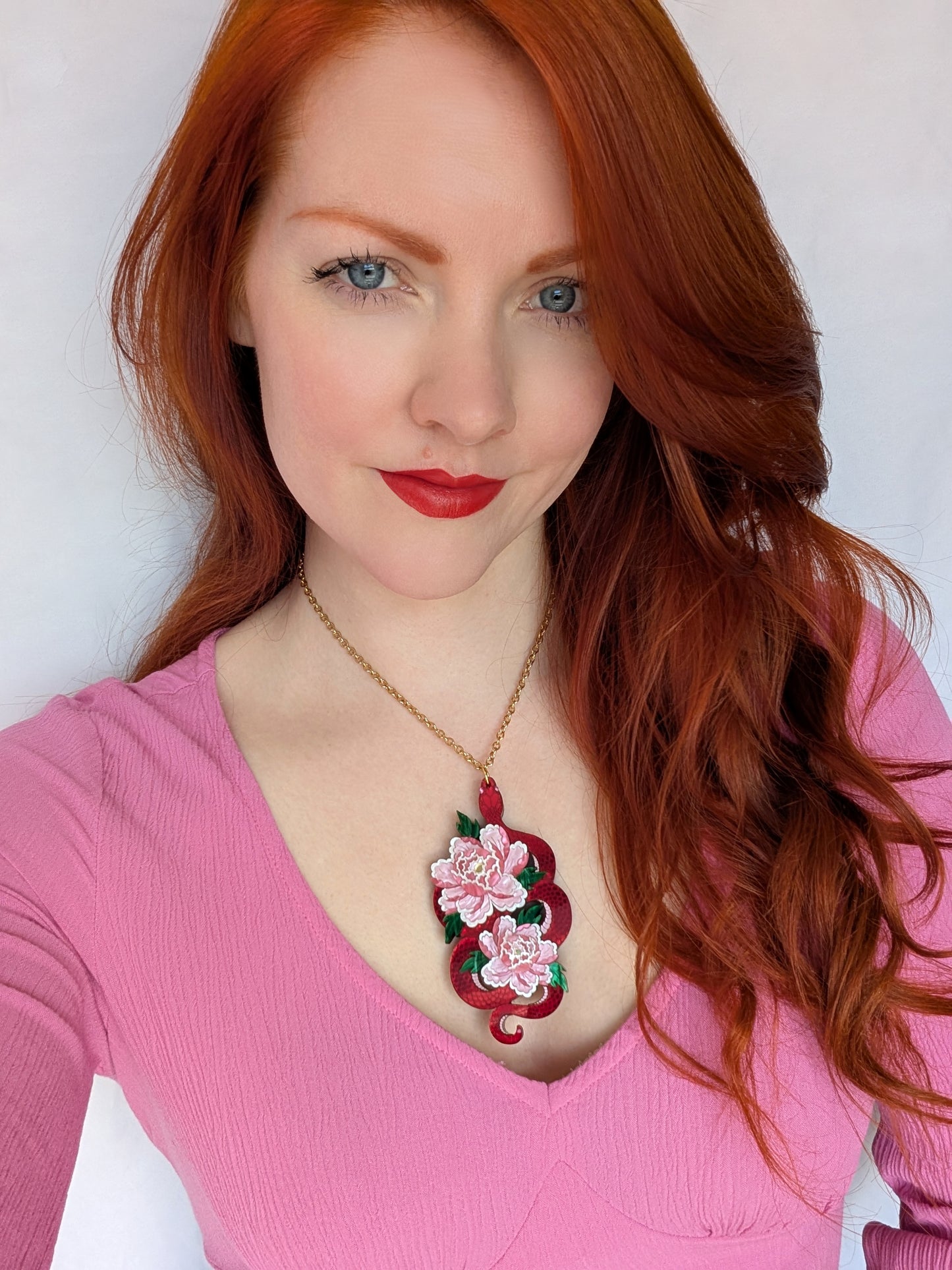 Handmade acrylic snake necklace pendant in red with pink peony flowers