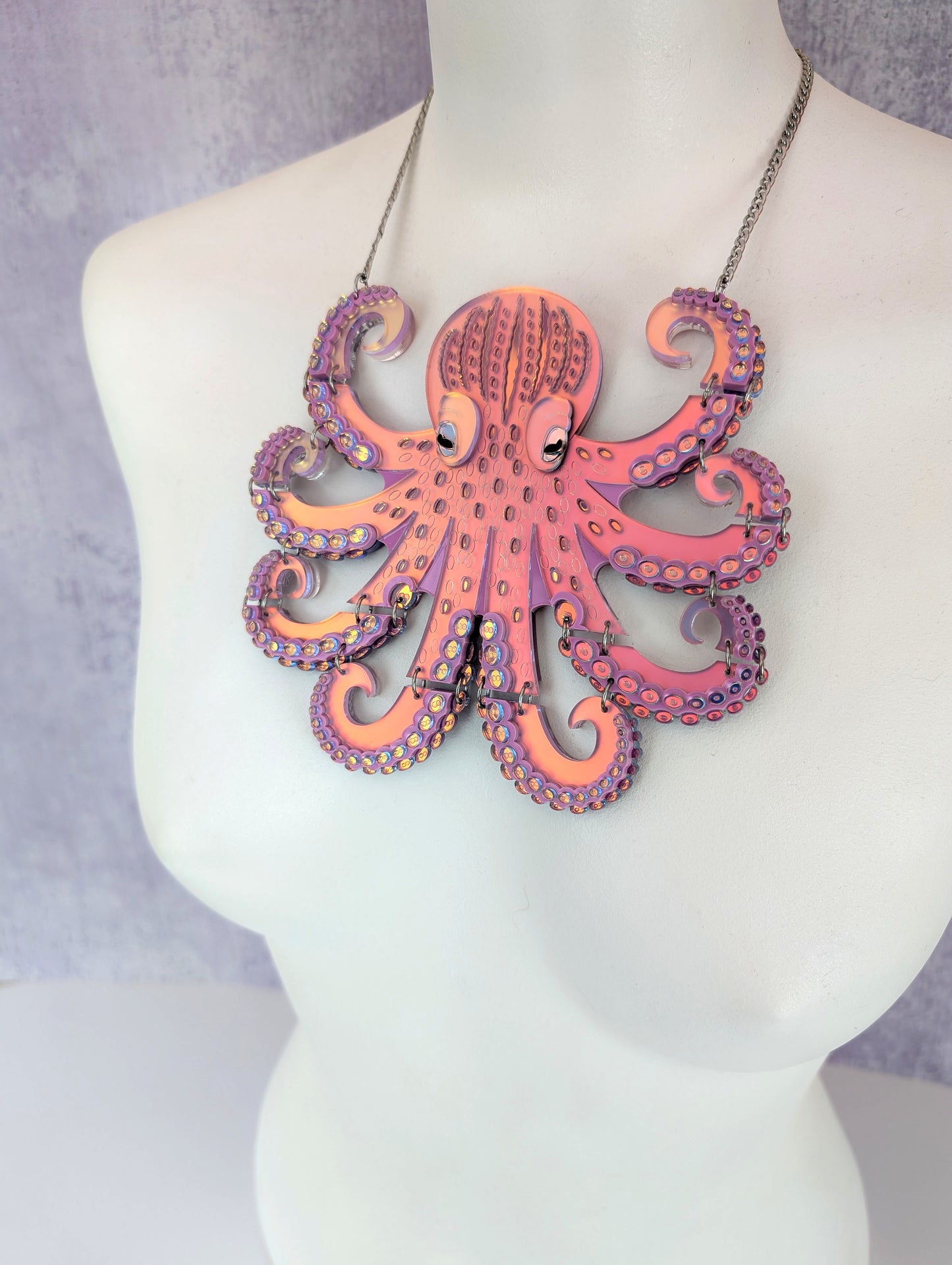 Iridescent laser cut acrylic octopus necklace 