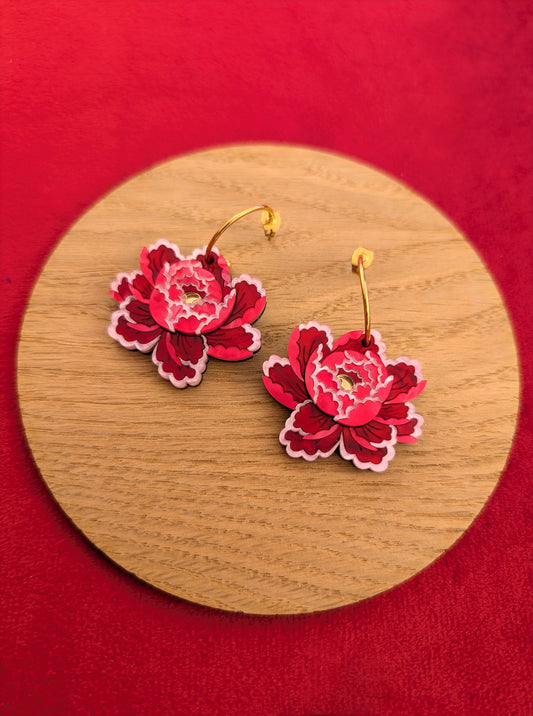 PRE ORDER Peony Inspired Single Flower Earrings RED/PINK