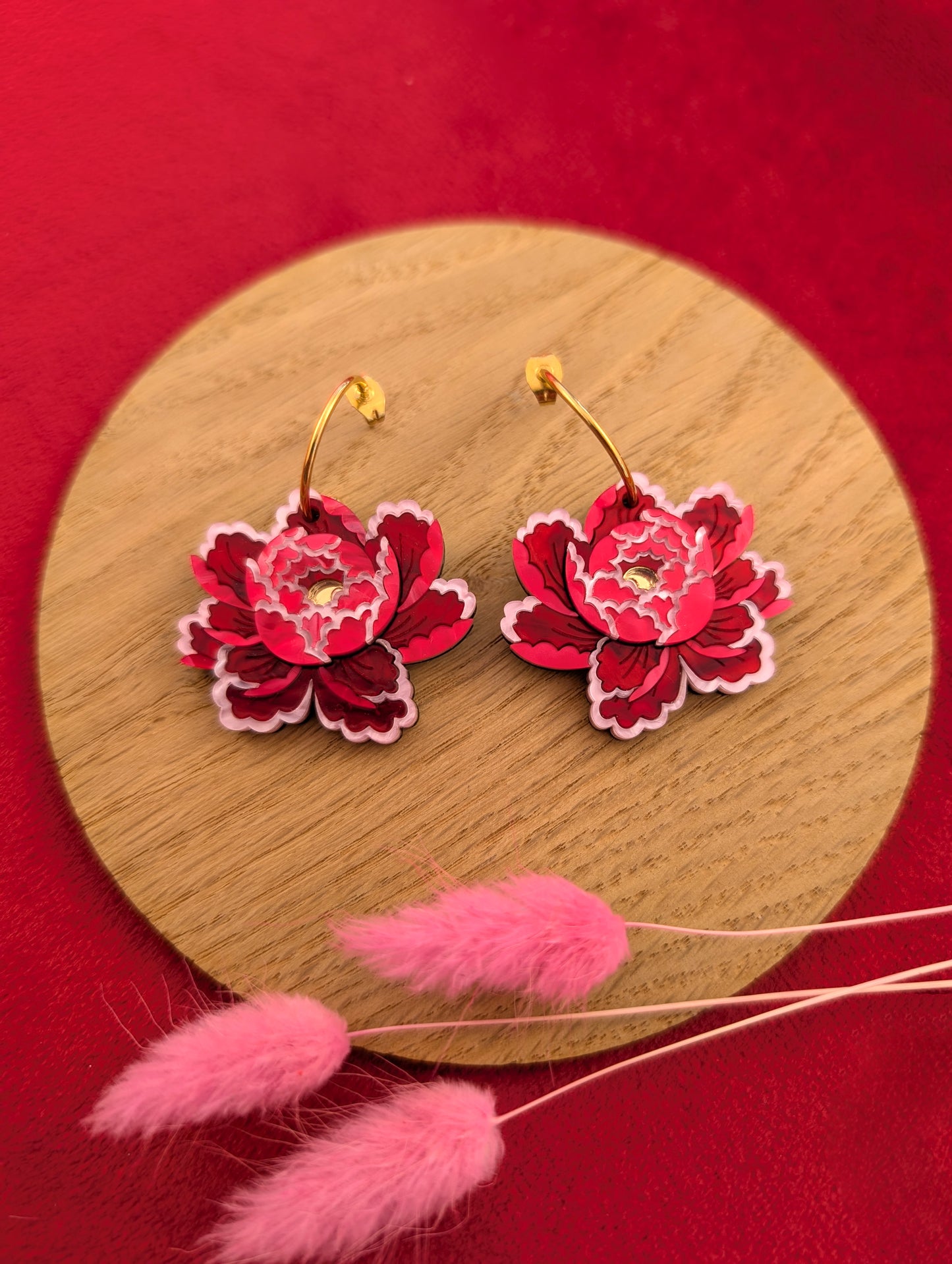 PRE ORDER Peony Inspired Single Flower Earrings RED/PINK