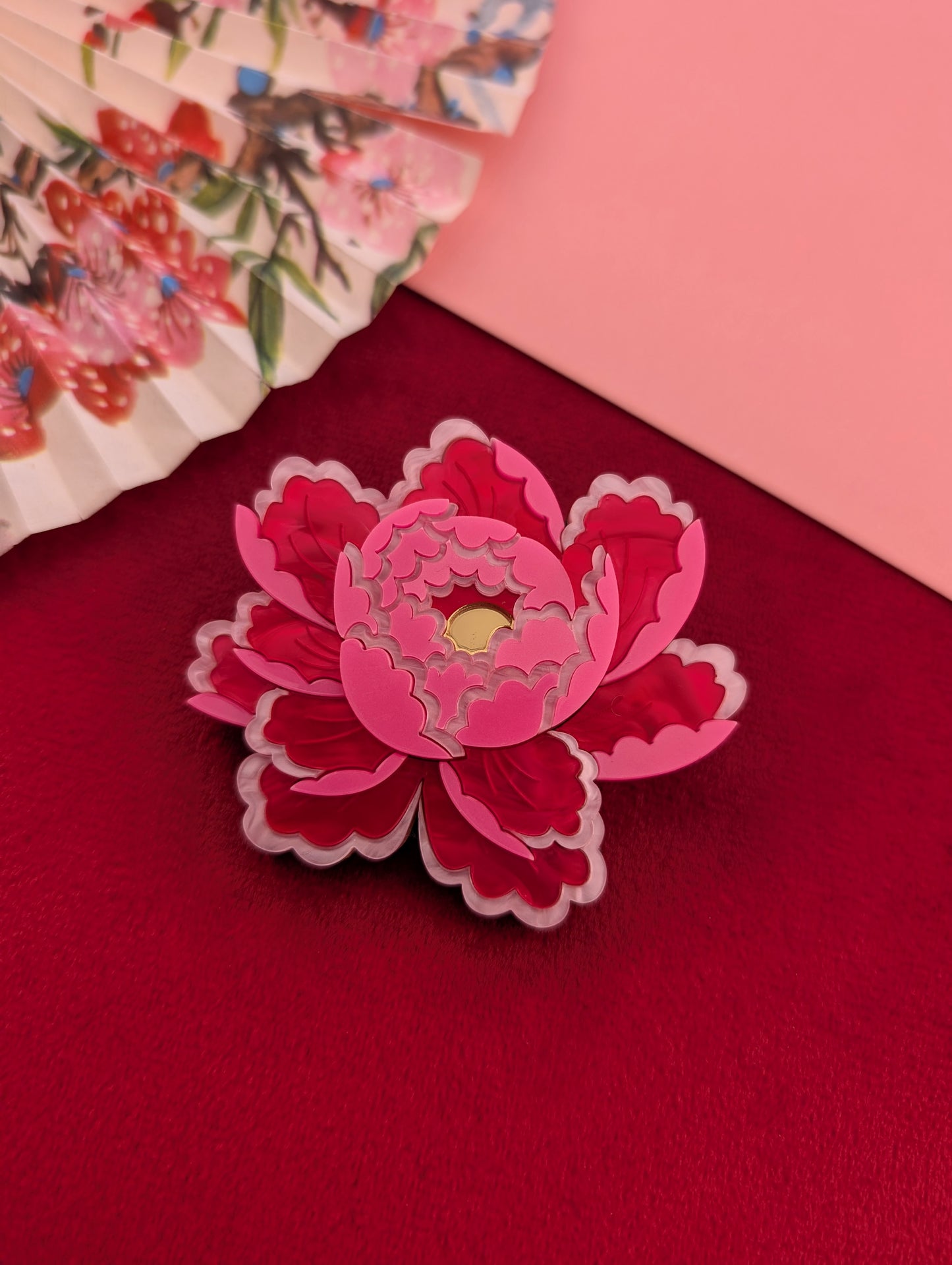 PRE ORDER Peony Inspired Flower Brooch or Pendant BRIGHT PINK