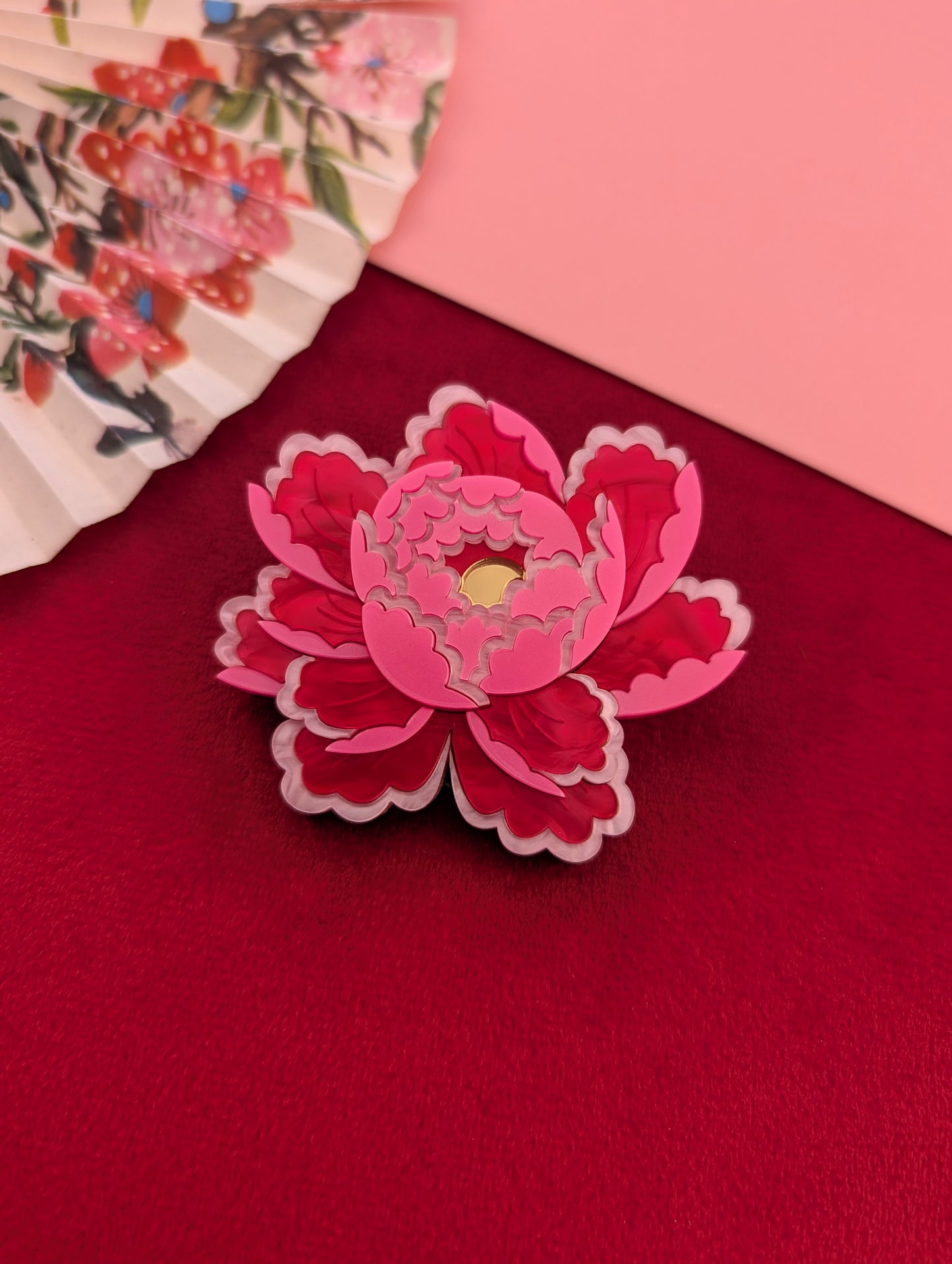 PRE ORDER Peony Inspired Flower Brooch or Pendant BRIGHT PINK