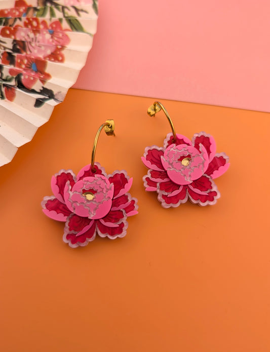 PRE ORDER Peony Inspired Single Flower Earrings BRIGHT PINK