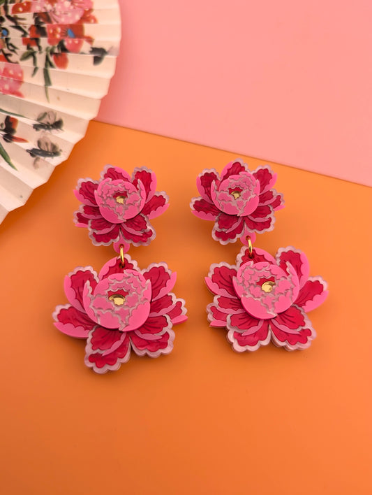 PRE ORDER Peony Inspired Statement Flower Earrings BRIGHT PINK
