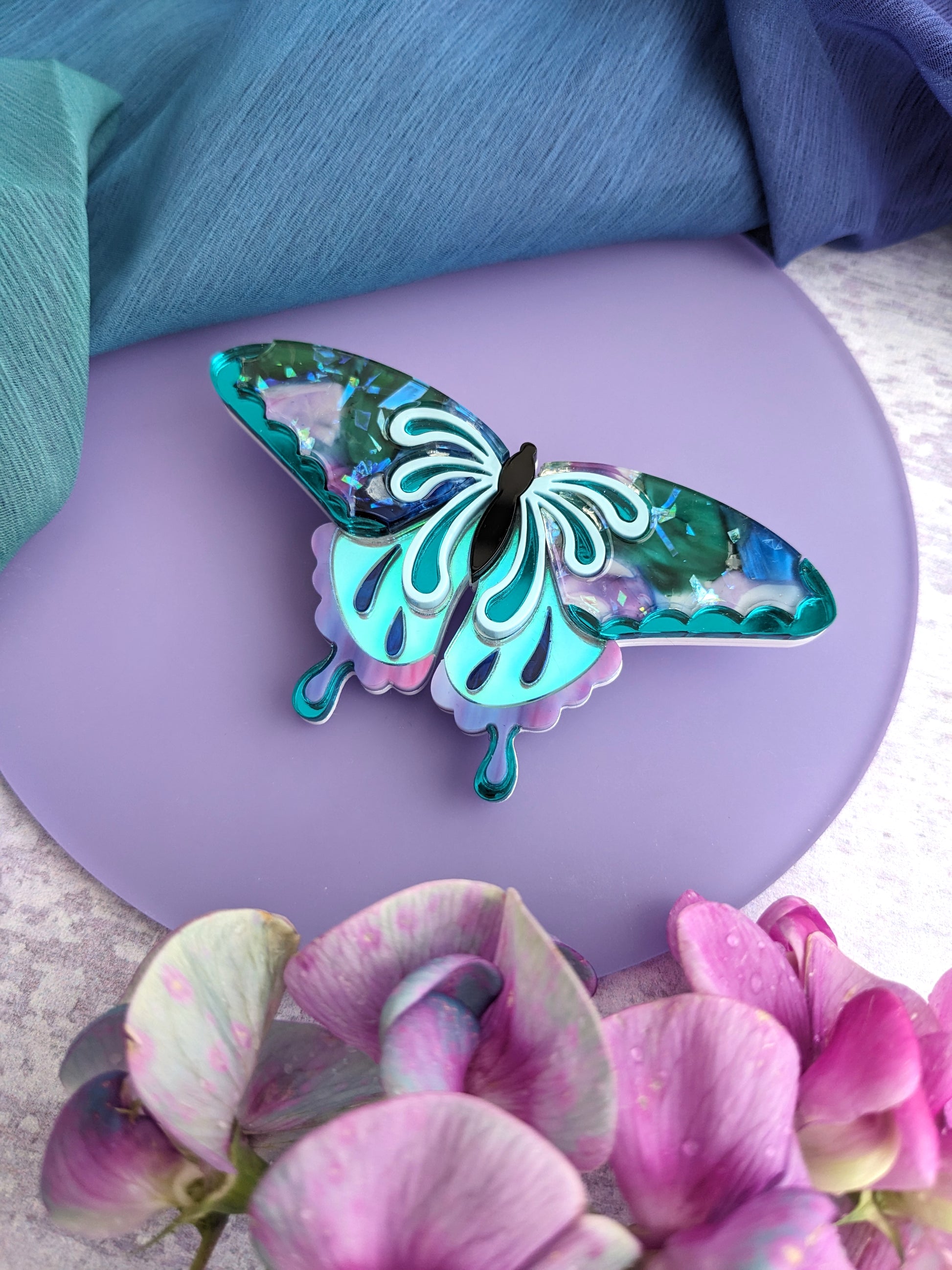 Handmade recycled acrylic butterfly brooch iridescent purple teal