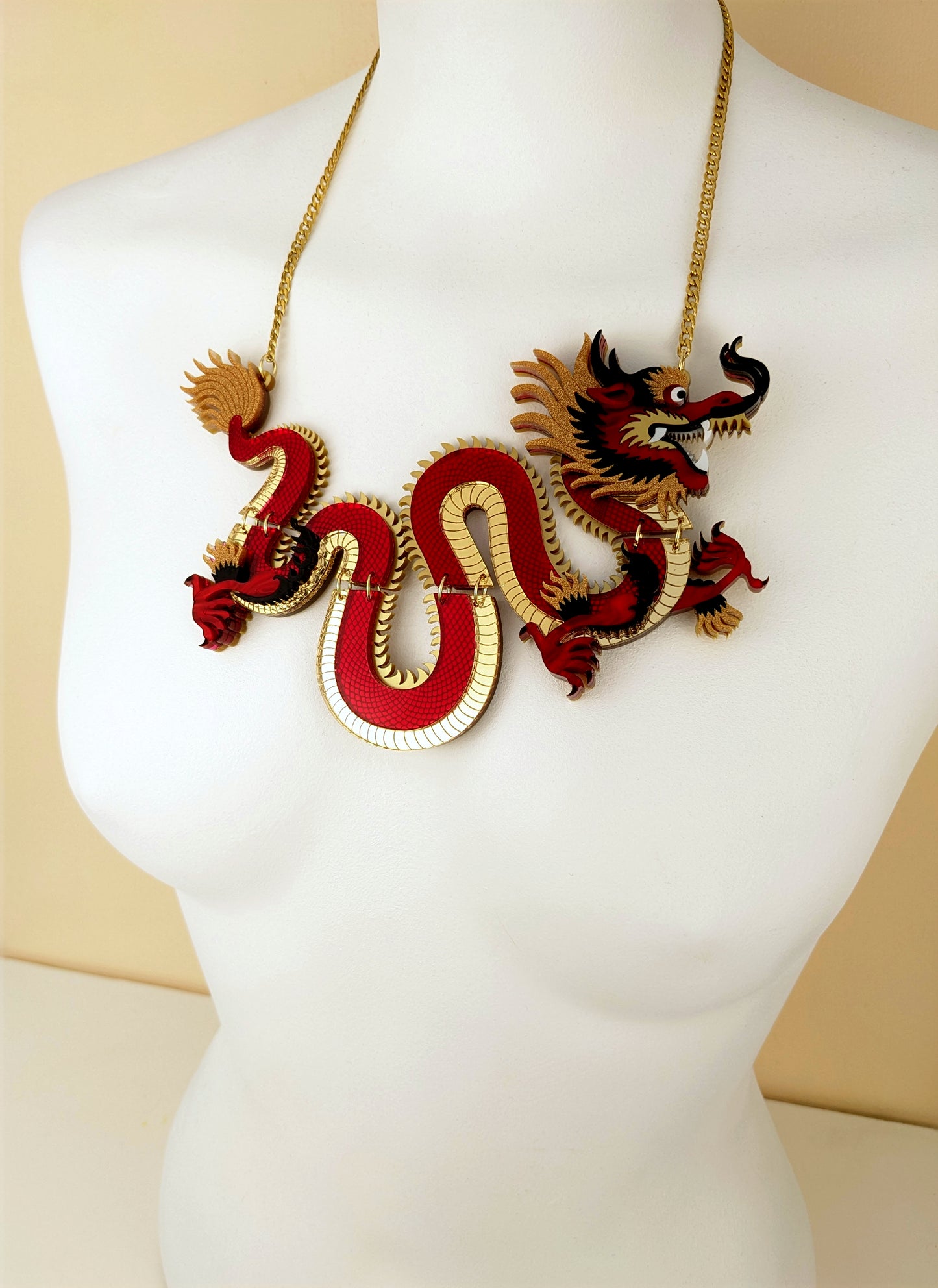PRE ORDER Acrylic Statement Chinese Dragon Necklace Without Clouds RED