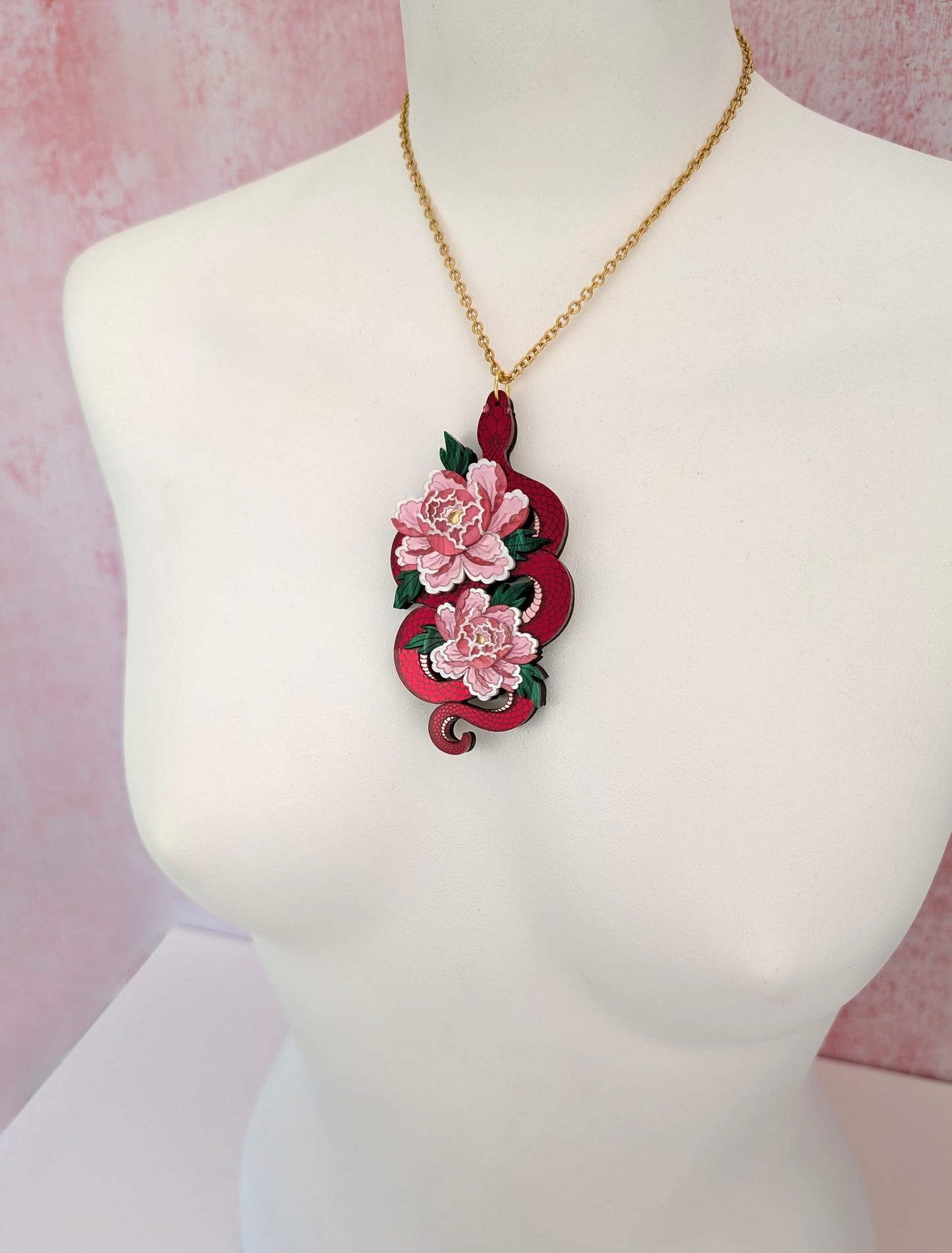 PRE ORDER Snake & Floral Statement Pendant or Necklace (on side) RED