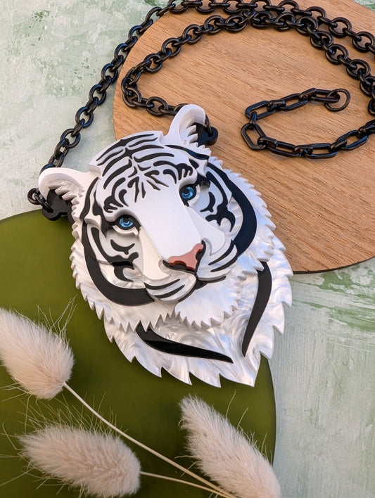 Laser cut handmade acrylic white tiger necklace 