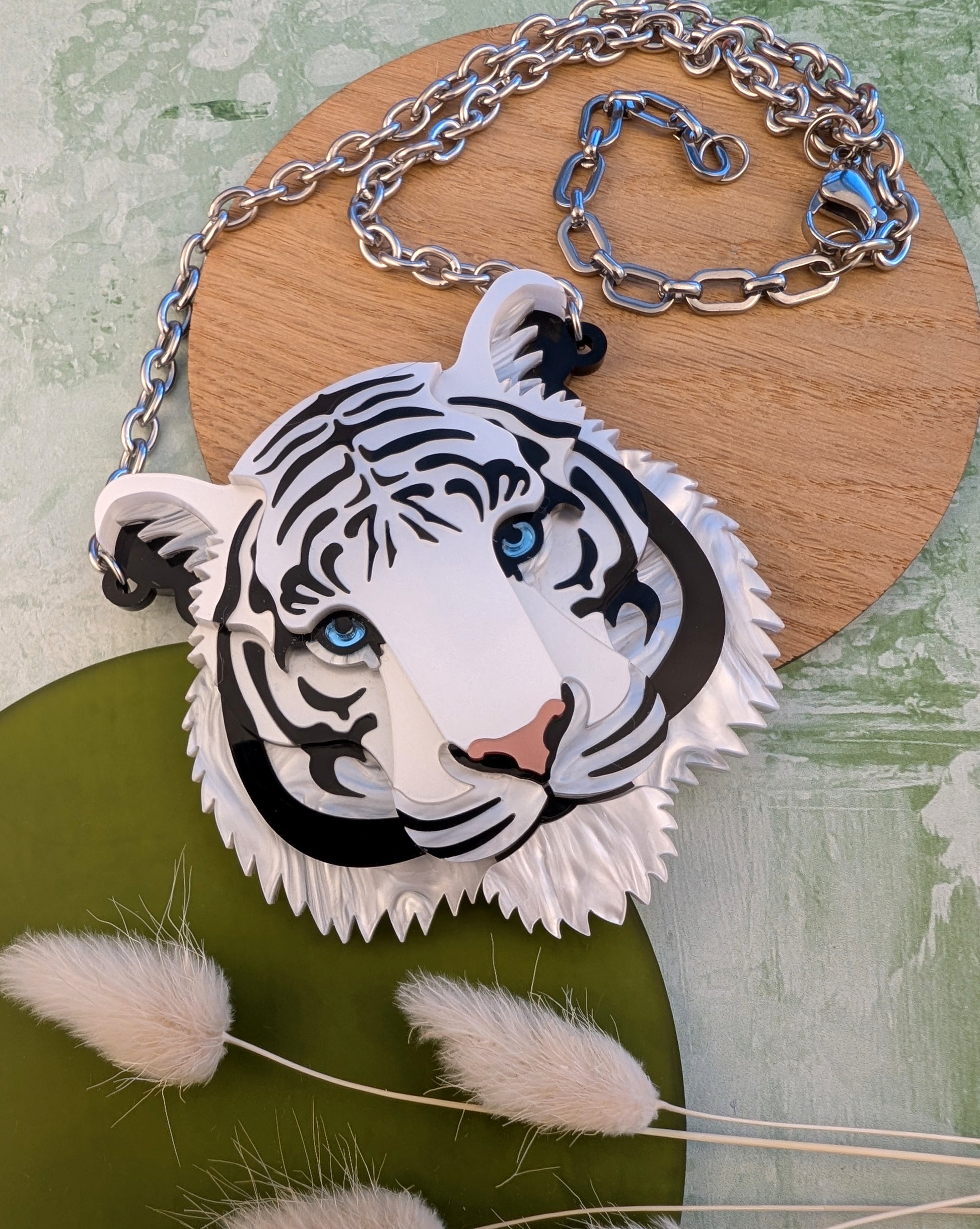 Handmade acrylic white tiger necklace statement 