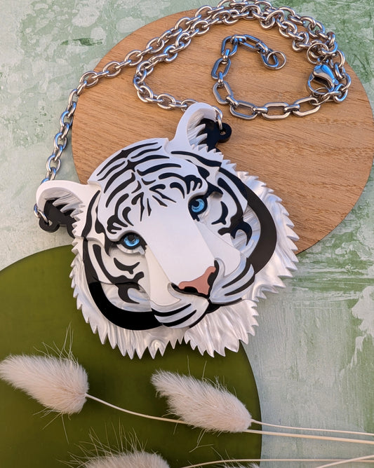 Handmade acrylic white tiger necklace statement 